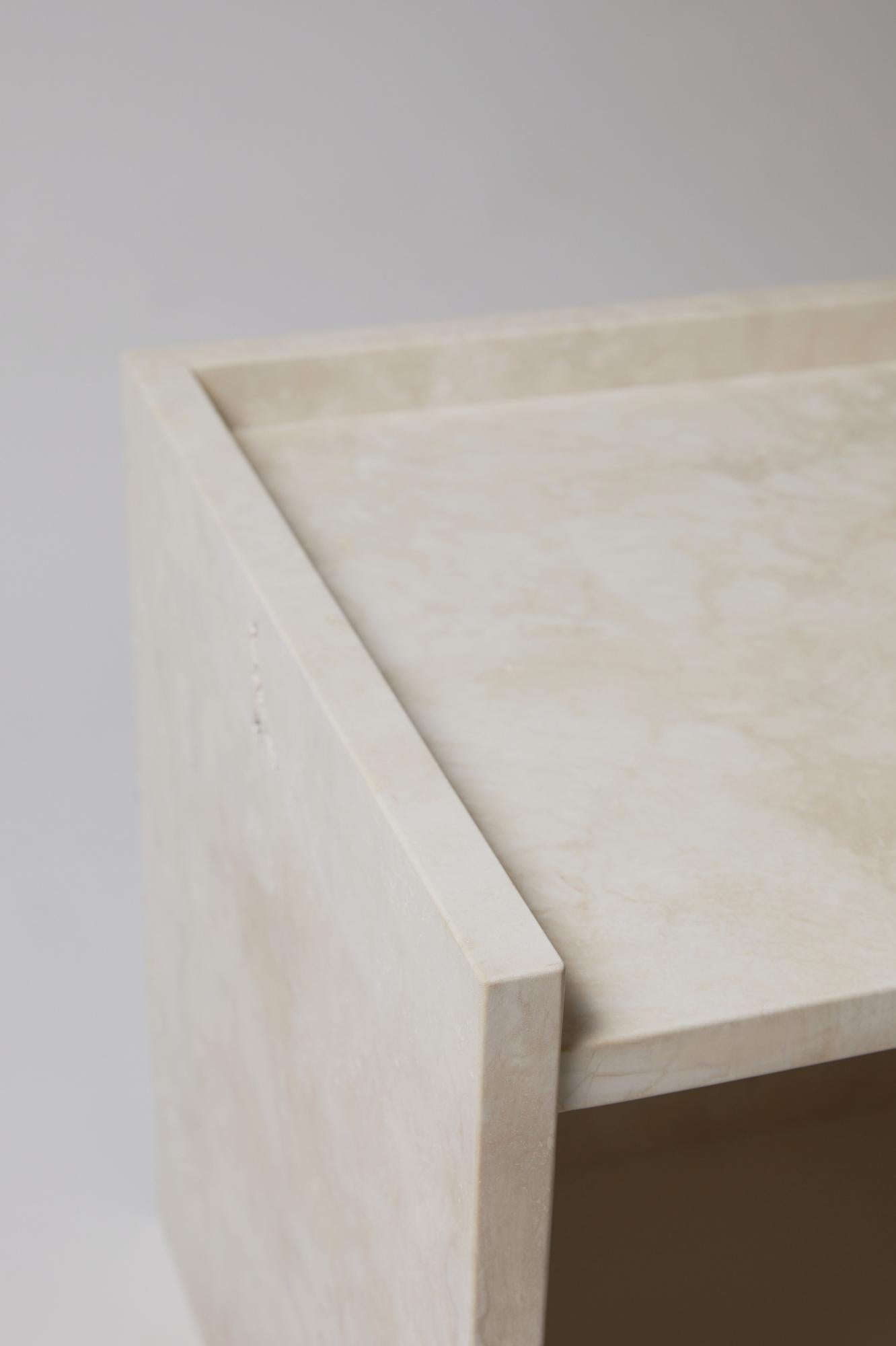 Contemporary Pure Minimalist Travertine Left Side Table by Amee Allsop, AA112.1 For Sale