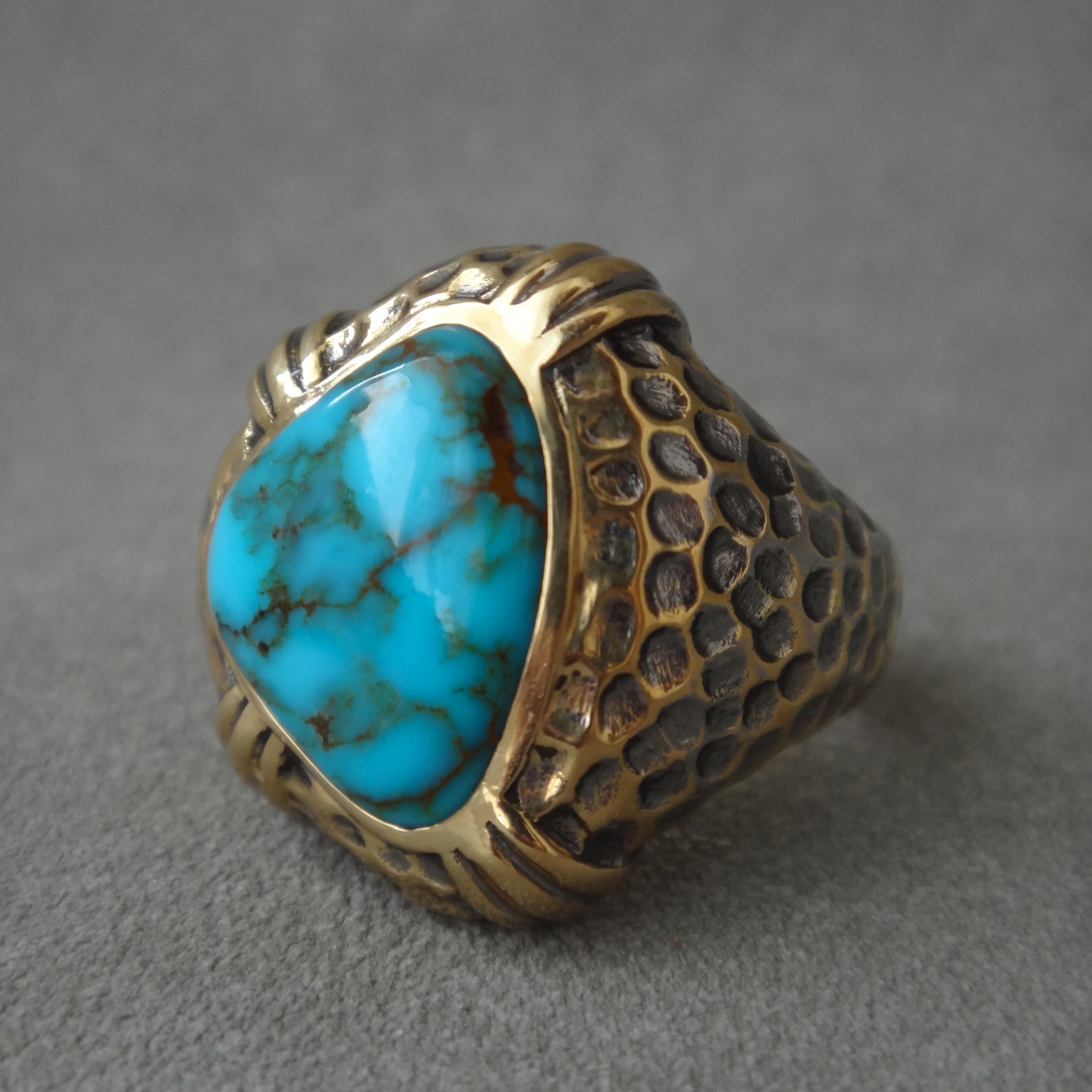Reiner natürlicher Edelstein Grad Candelaria Türkis Ring, 18k Gold mit alten Verfahren (Kunsthandwerker*in) im Angebot