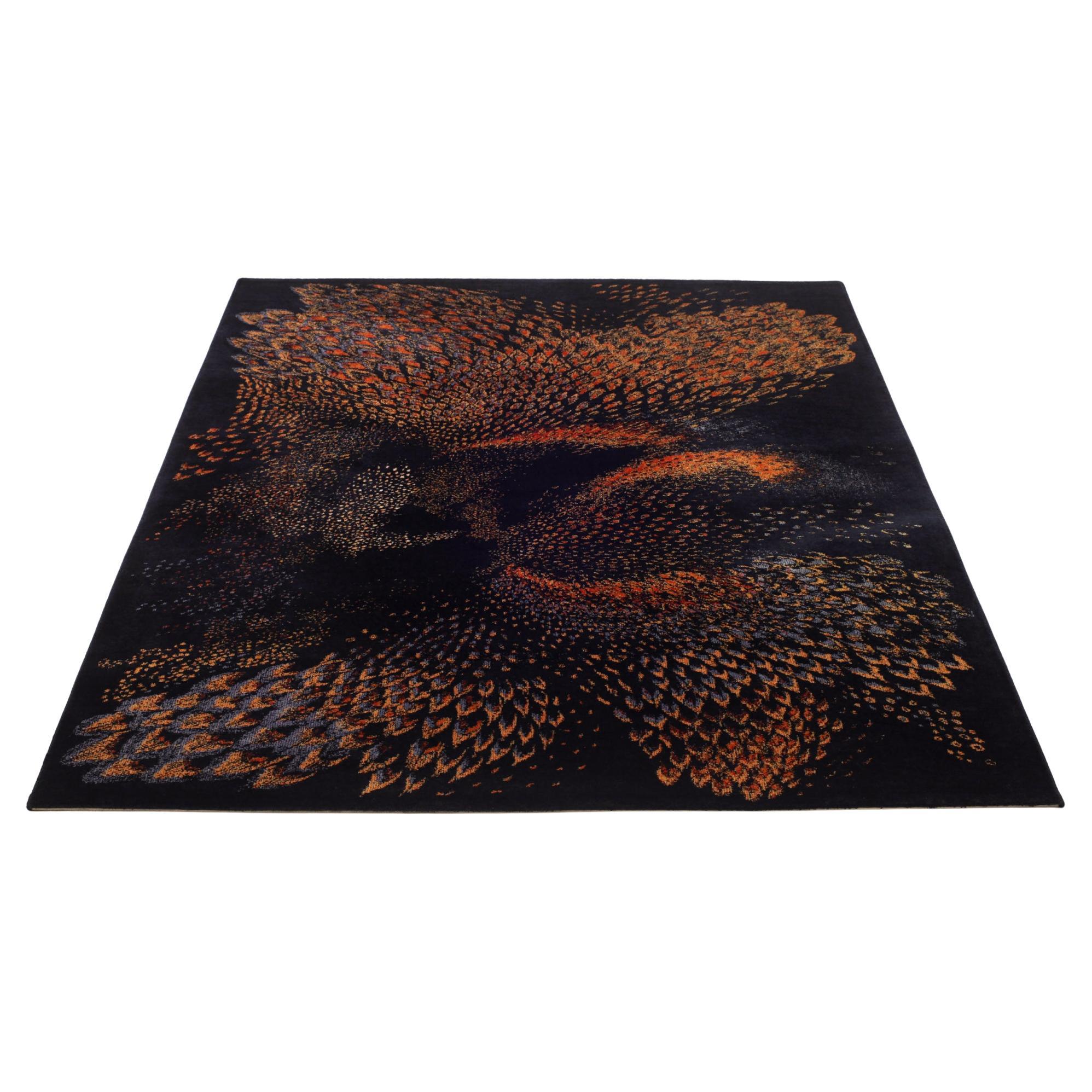 Pure new wool velvet rug France 1970s.
Peacock Abstract drawing on deep blue background.

Woolmark label.
Very good condition and quality.

Dimensions: 240 x 166 cm. 
2500 gr per m2.
total weight 10 kg.