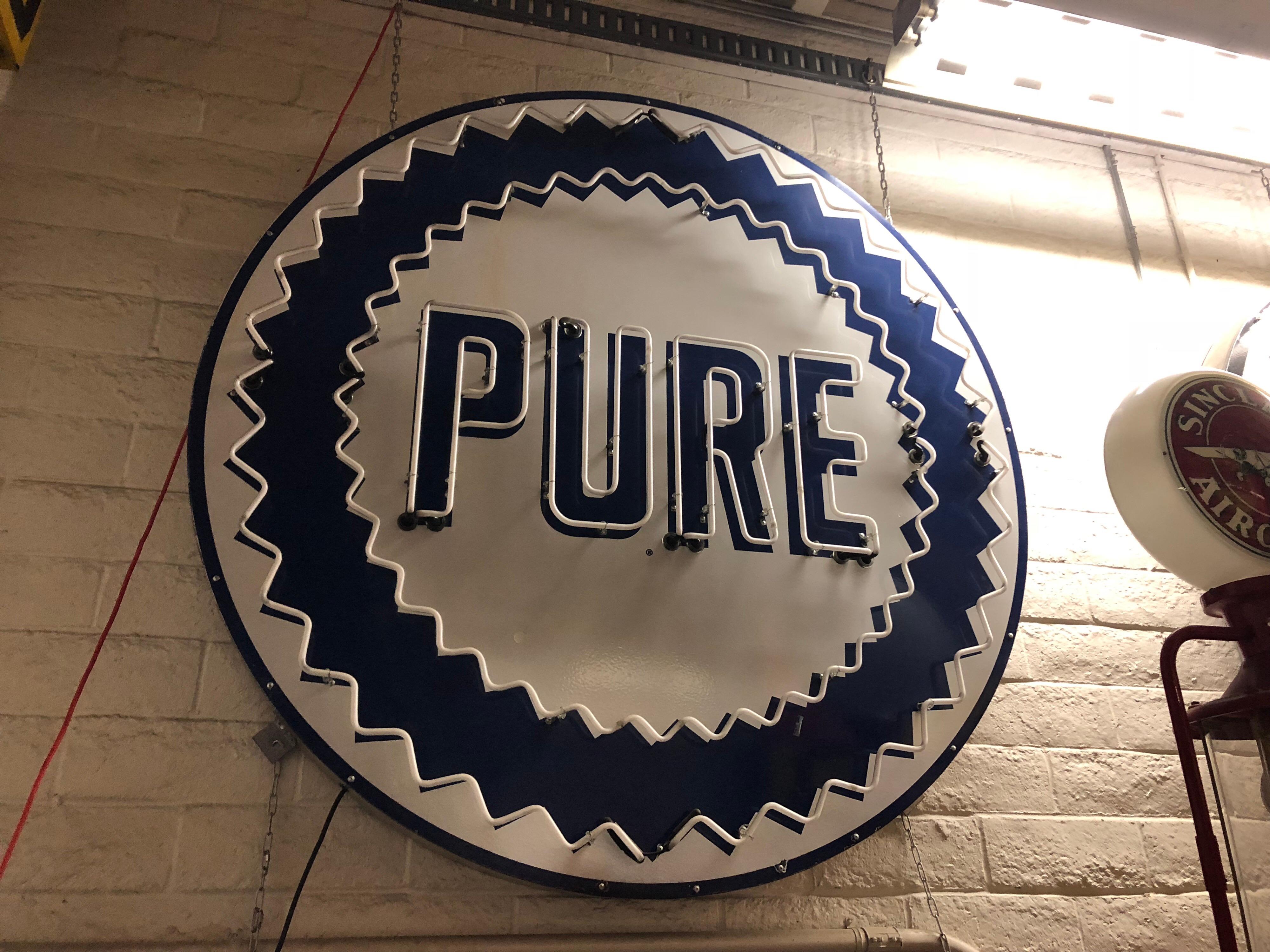 Metal Pure Oil Animated Neon Sign, 1950s For Sale
