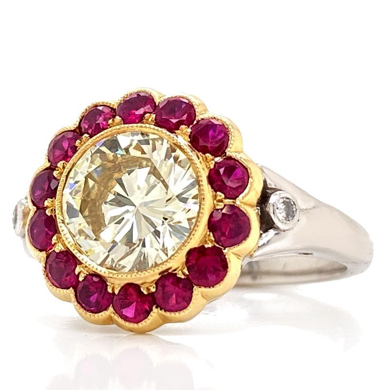 Pure Platinum & 18K Gold 2.02CT Genuine Diamond & Ruby Ring By Sophia D 7.4g
Excellent condition. This pure platinum & 18K yellow gold ring features a center 2.02ct diamond that is light yellow in color & SI clarity. It is surrounded by 14 round