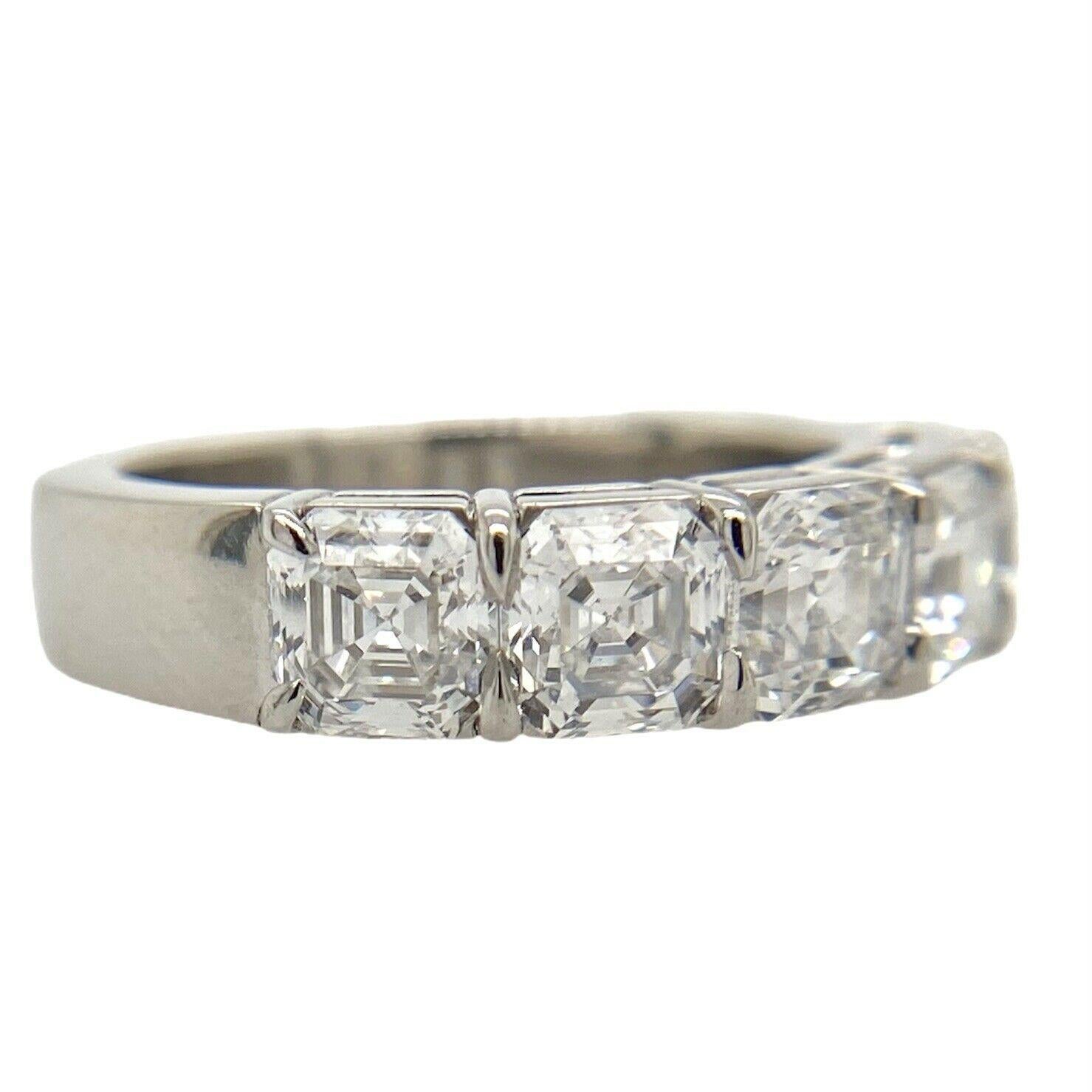 Excellent, like new condition! This pure platinum band by KWIAT features 5 natural diamonds- all Asscher cut, all GIA certified. The stones are inscribed with their report number and are as follows:
0.50ct D VS2
0.52ct D VS1
0.56ct D VS2
0.50ct D