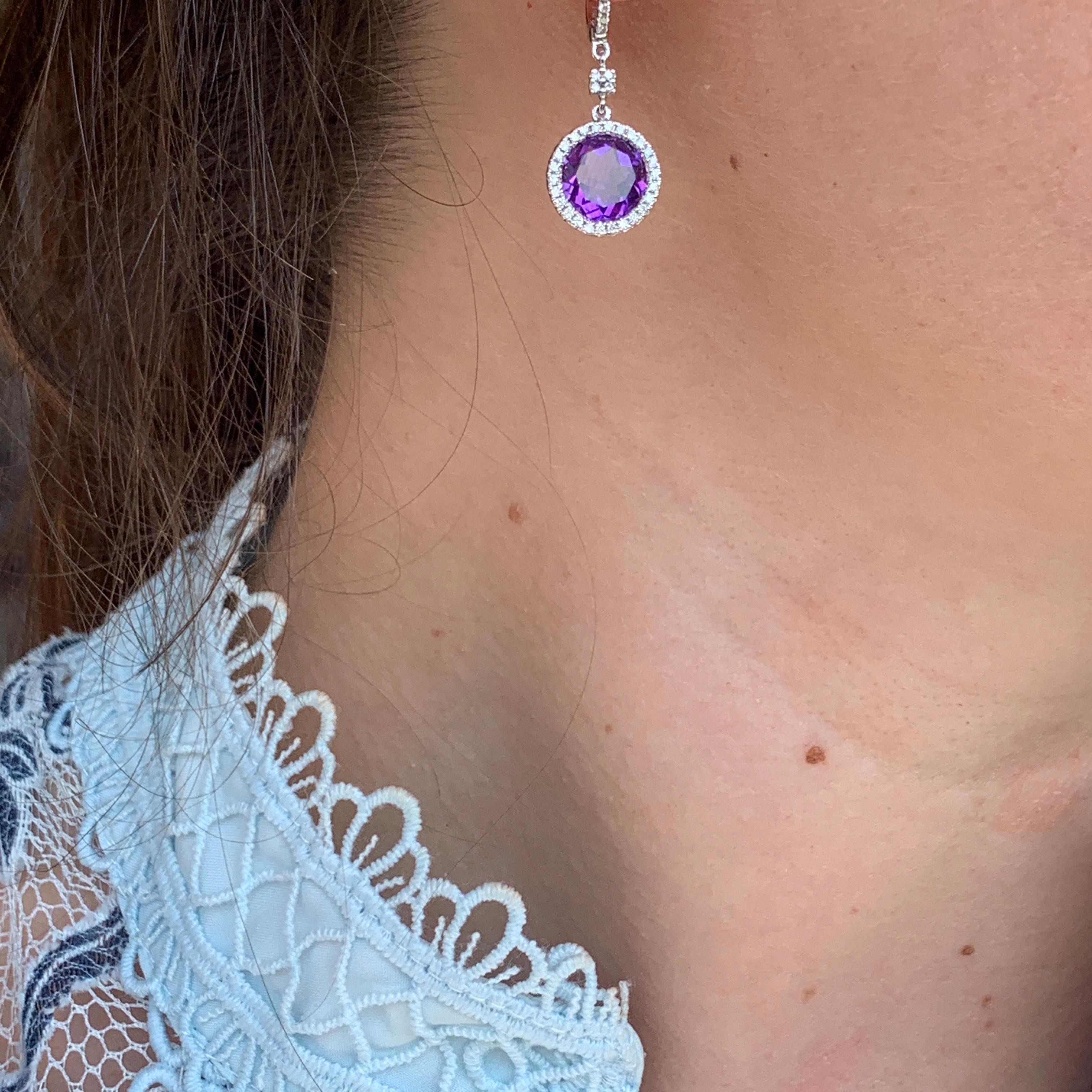 Modern Pure Purple High Grade Amethyst Diamond White 18 Karat Gold Earrings For Sale