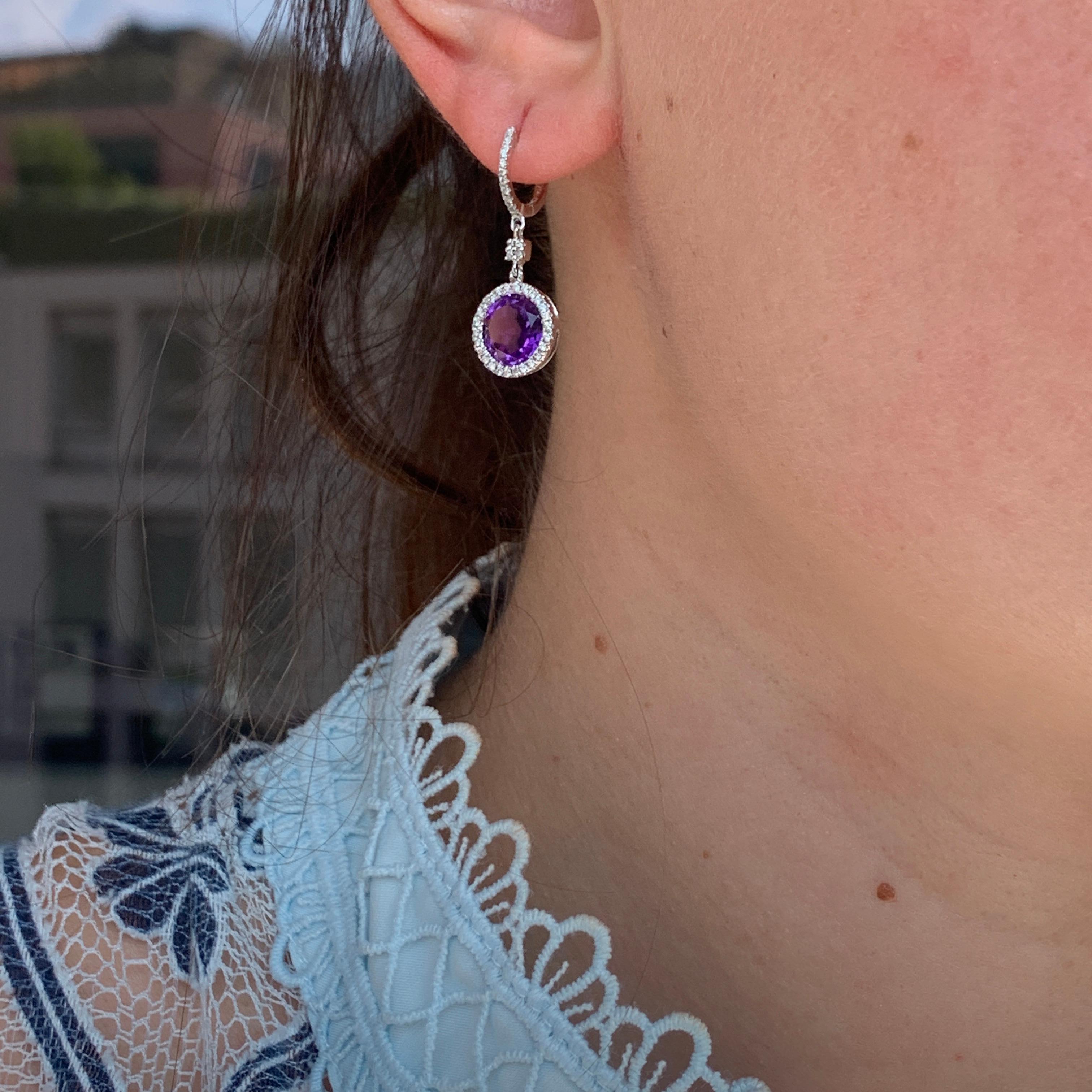 Round Cut Pure Purple High Grade Amethyst Diamond White 18 Karat Gold Earrings For Sale