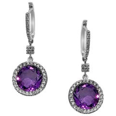 Boucles d'oreilles en or blanc 18 carats avec diamants et améthyste violette pure de haute qualité