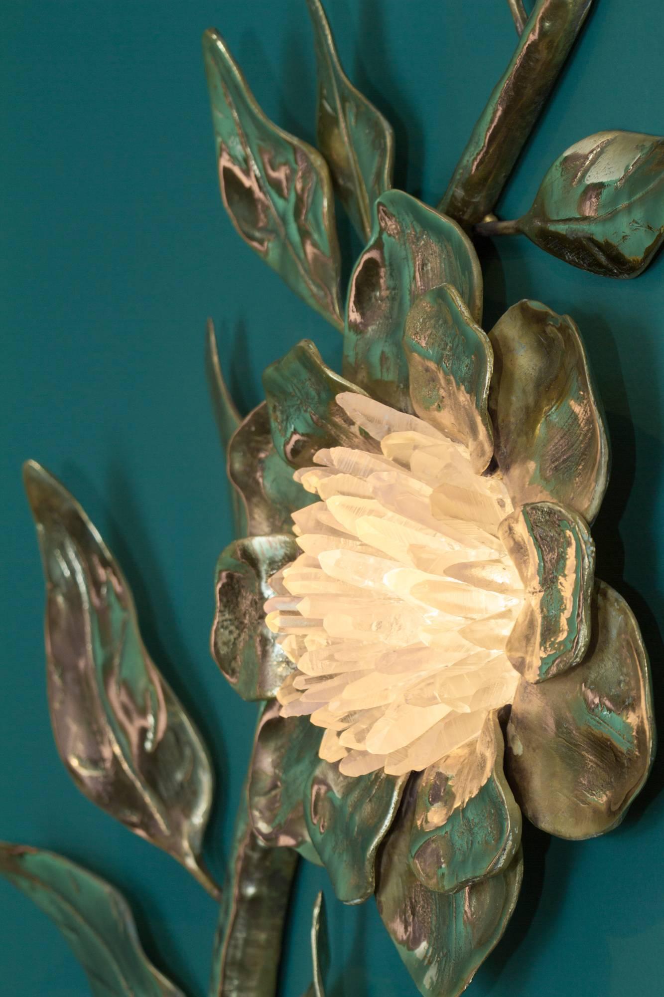 Pure rock crystal sconces, “Bay Flower,” Demian Quincke

“Bay flower”
5,5 kg casted brass
Dimensions: 75 x 38 x 3 cm
One micro LED Bi-Volt 120~220V 2,5W
I’m thinking on making a series of 10 units
Obs.: The green effect on some leafs is due to the