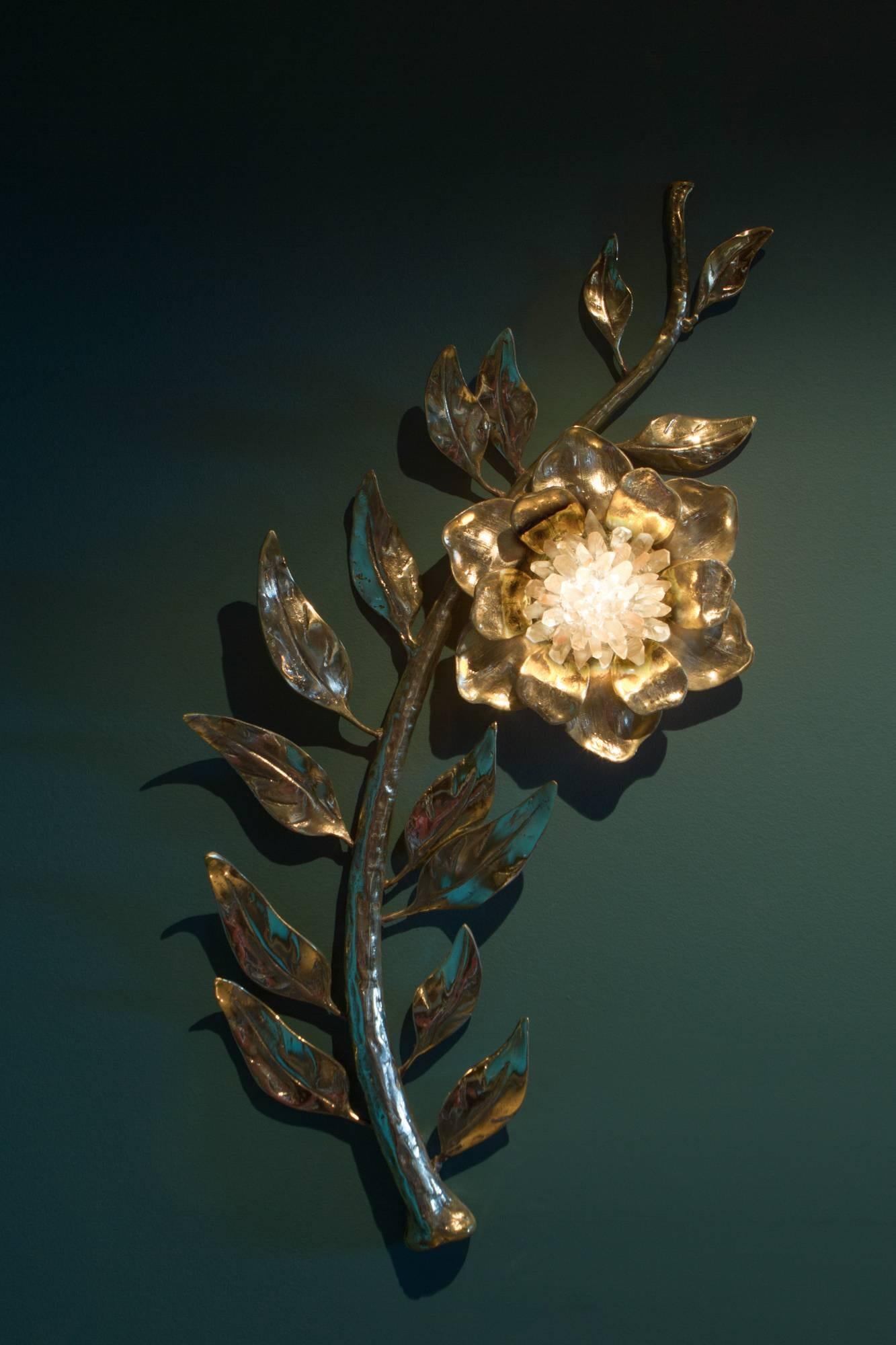 Contemporary Pure Rock Crystal Sconce, “Bay Flower, ” Demian Quincke