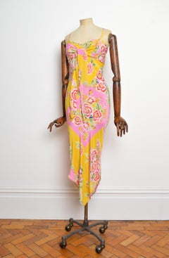 Pure Silk 2000’s Pink & Yellow Oriental Floral Print Handkerchief hem Slip Dress