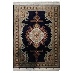 Retro Pure Silk Area Rug, Oriental Rugs Navy Carpet Rug, UK