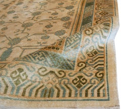 Hand-Woven Pure-Silk Beige Green Pomegranate Khotan Rug