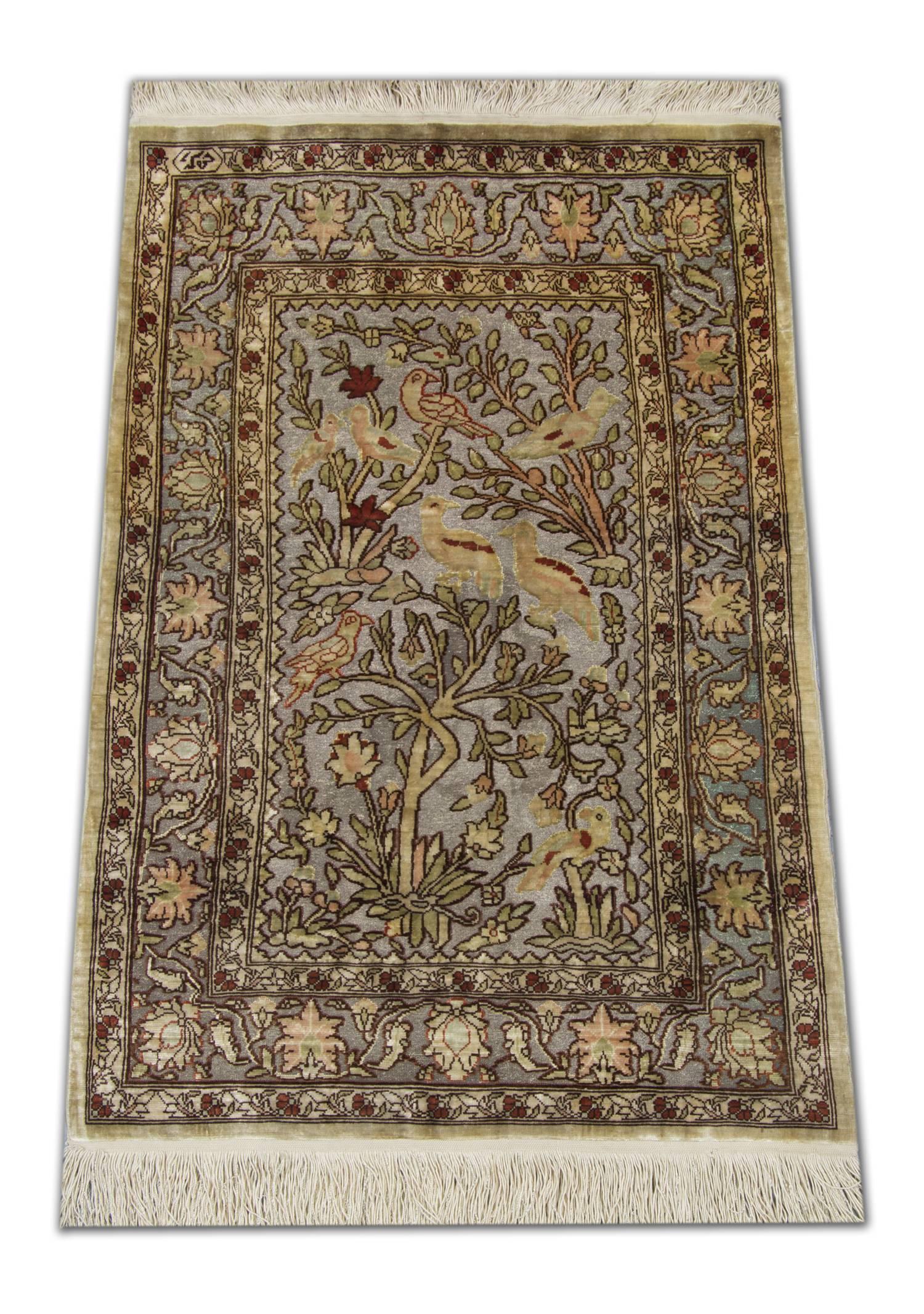 This oriental rug for sale was woven in Asian Anatolia, Turkey in the historic city of Hereke. In the mid-19th century, Sultan Abdul Majid proclaimed Hereke to be the royal weaving village. The small rugs were woven there were considered the finest