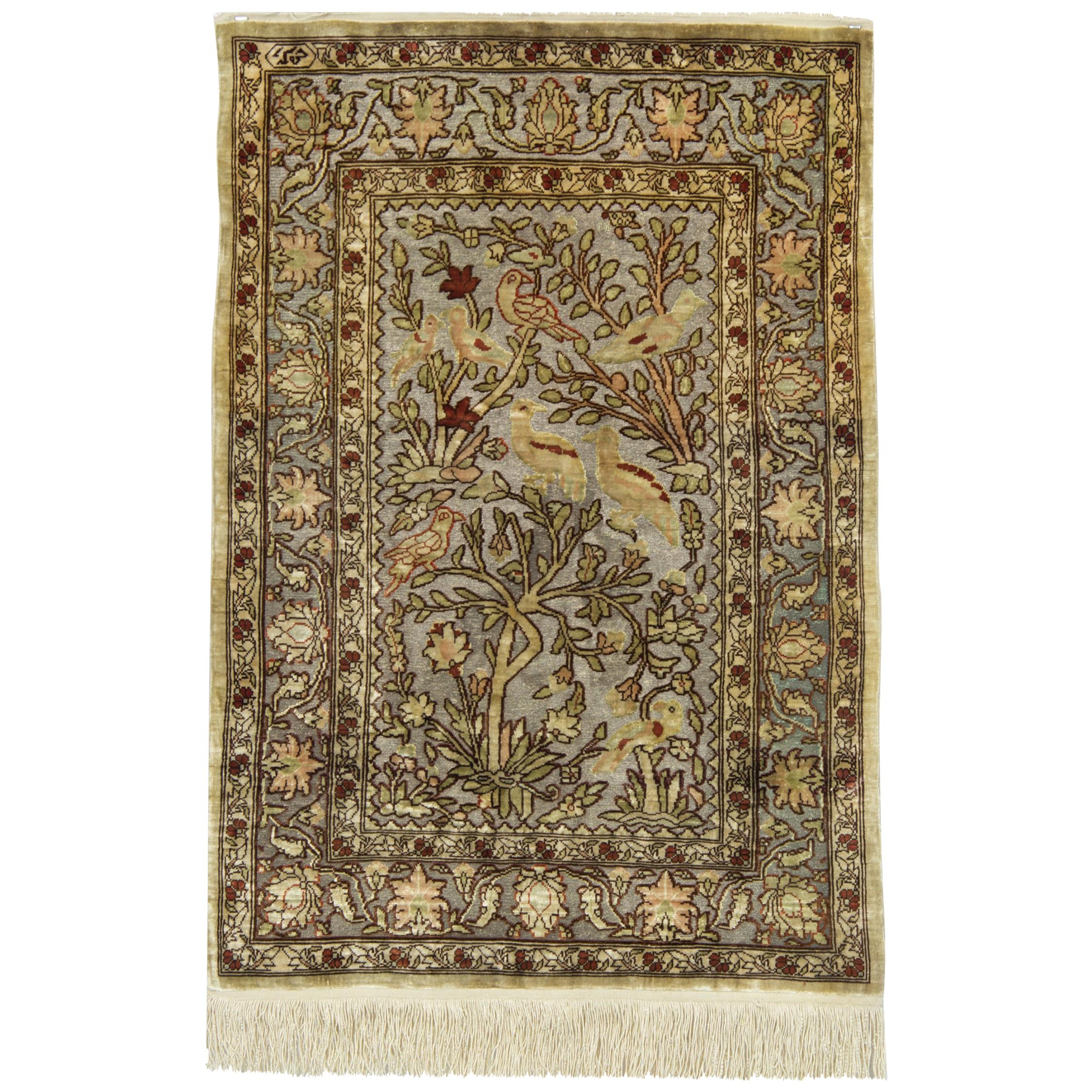 Pure Silk Rugs, Metallic Pictorial Turkish Rugs, Hereke Handmade Carpet For Sale