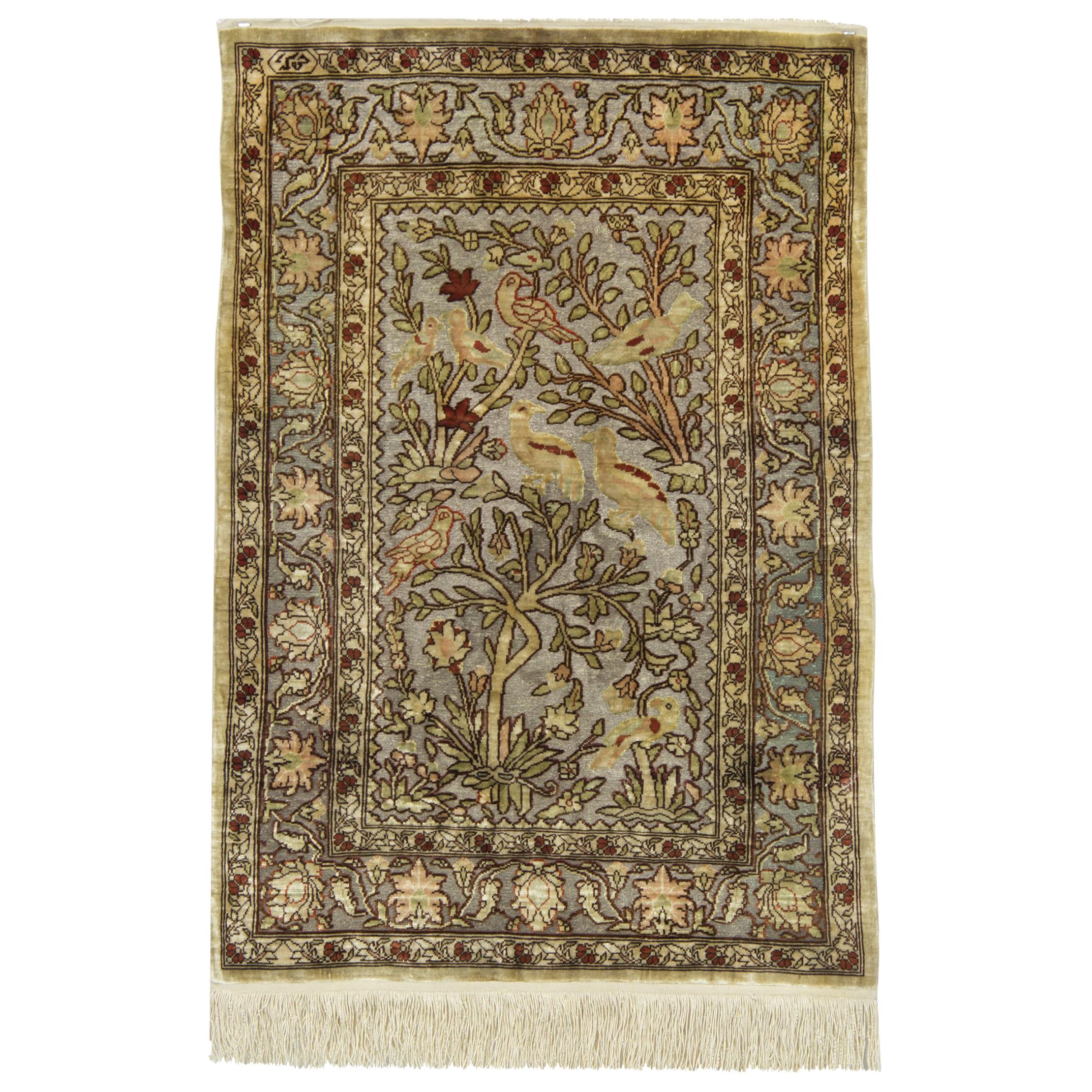 Pure Silk Rugs, Metallic Pictorial Turkish Rugs, Hereke Handmade Carpet For Sale