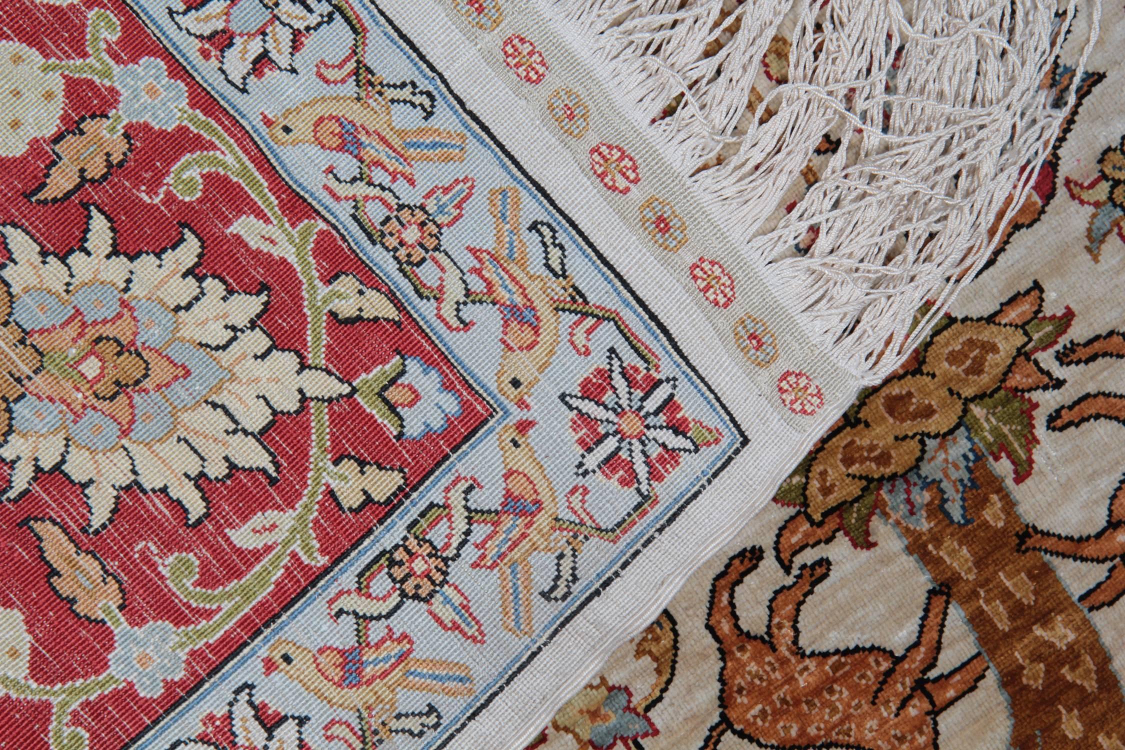 Pure Silk Rugs, Pictorial Turkish Rugs, Hereke Carpet with Signature In Excellent Condition In Hampshire, GB