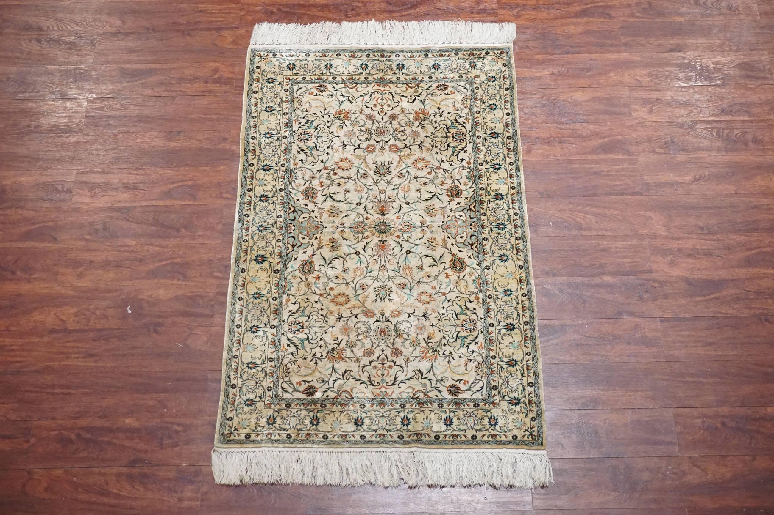 Pure silk Tabriz area rug

Vintage, circa 1970

Measures: 3' x 5' 1