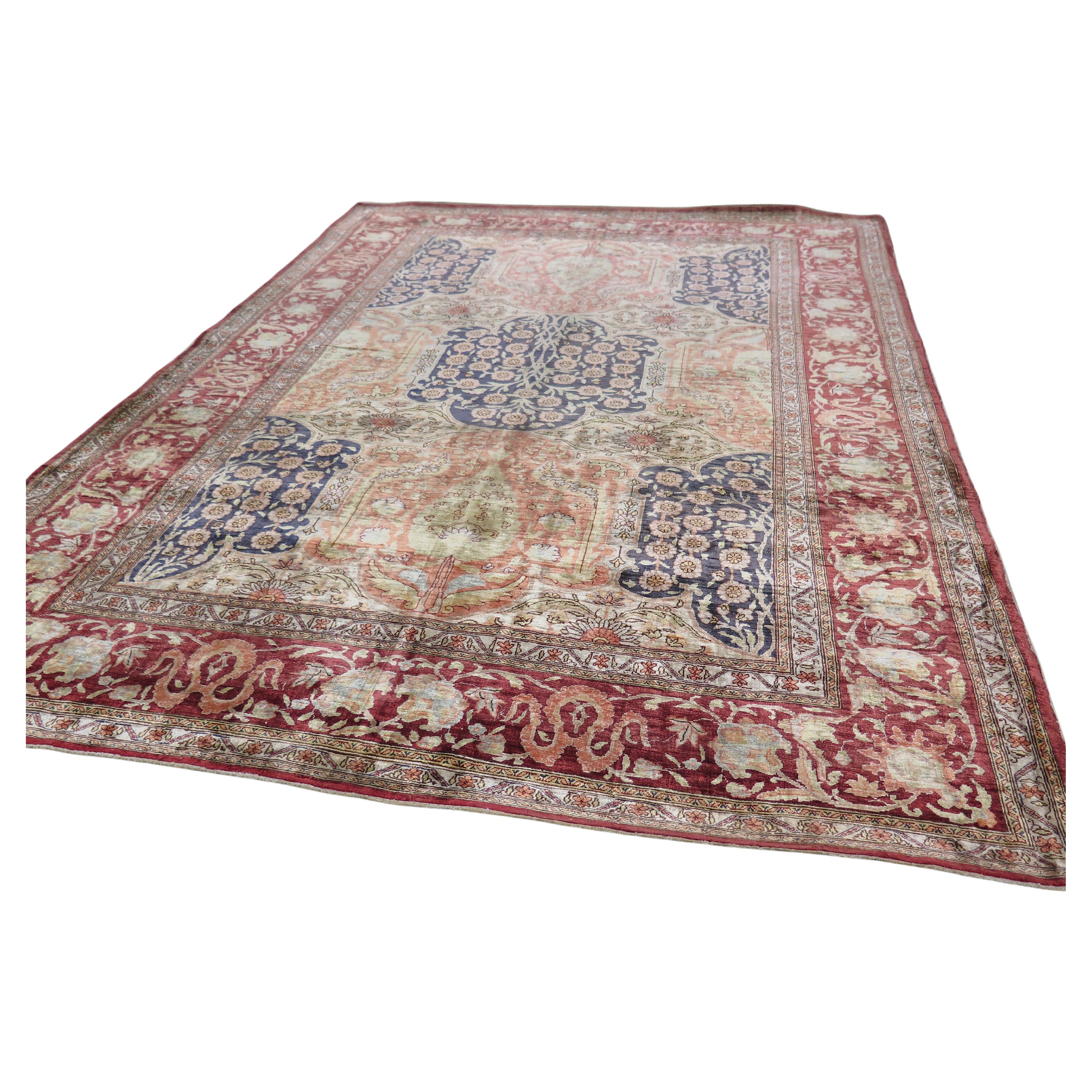 Pure Silk Vintage Herekhe Accent Rug For Sale