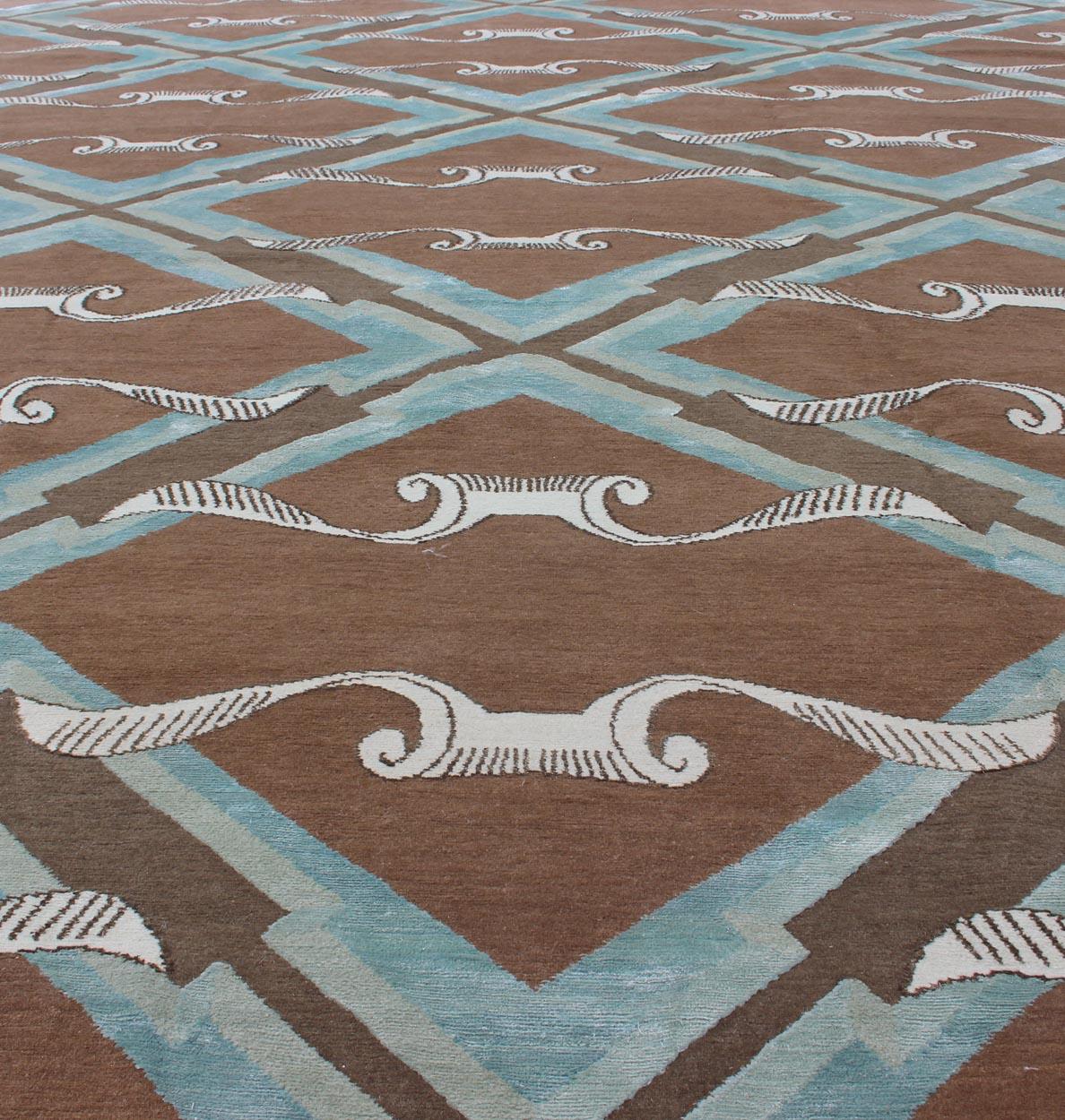 Pure Silk and Wool Nepalese Modern Design Rug in Brown, Blue and Diamond Design 5