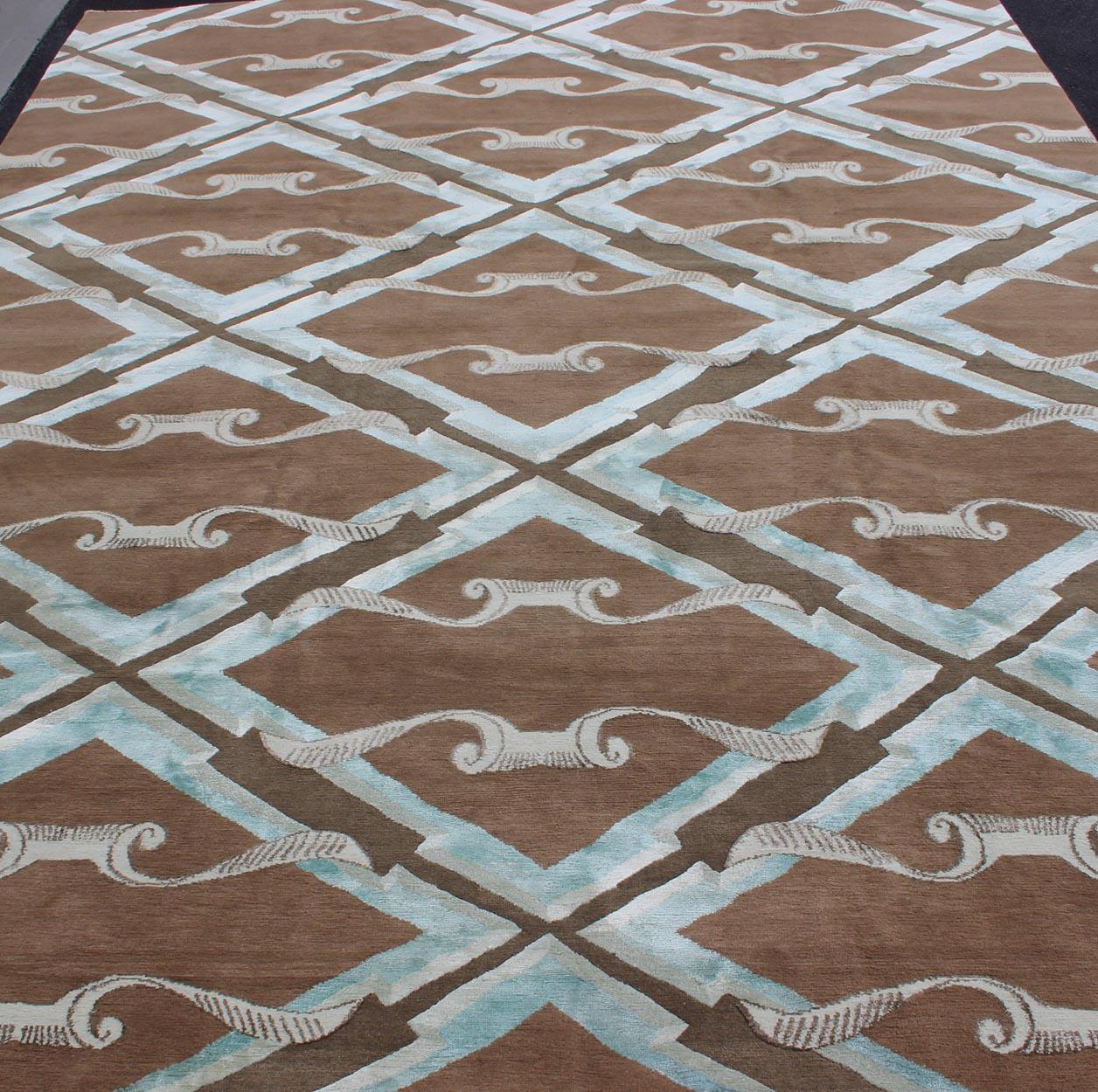 Pure Silk and Wool Nepalese Modern Design Rug in Brown, Blue and Diamond Design 2