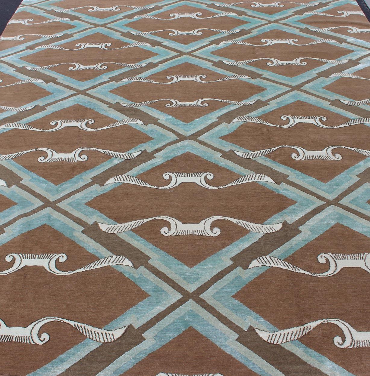 Pure Silk and Wool Nepalese Modern Design Rug in Brown, Blue and Diamond Design 4