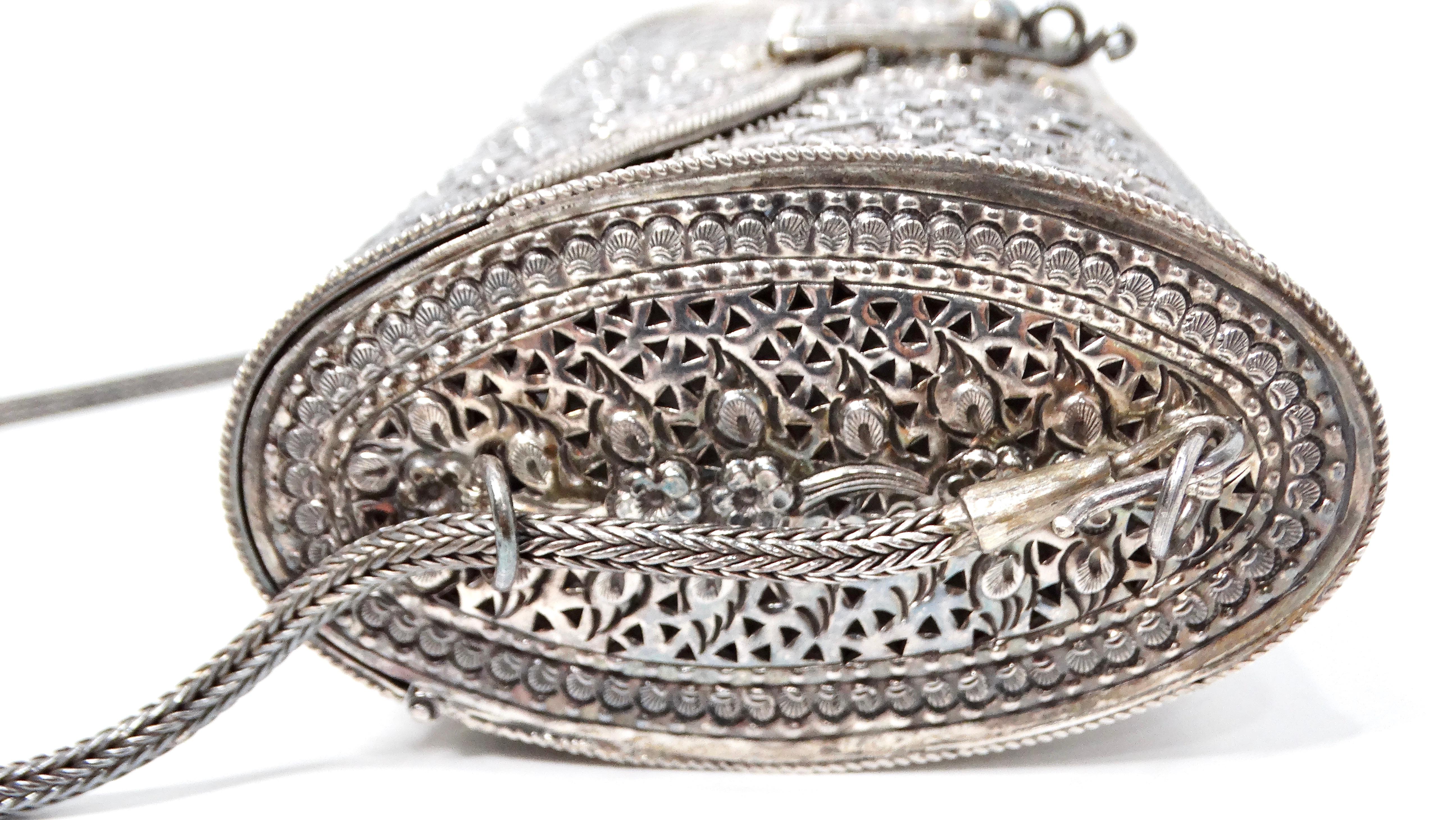 De las mujeres Bolsa de Embrague Crossbody Filigrana Floral Plata Pura circa vintage en venta