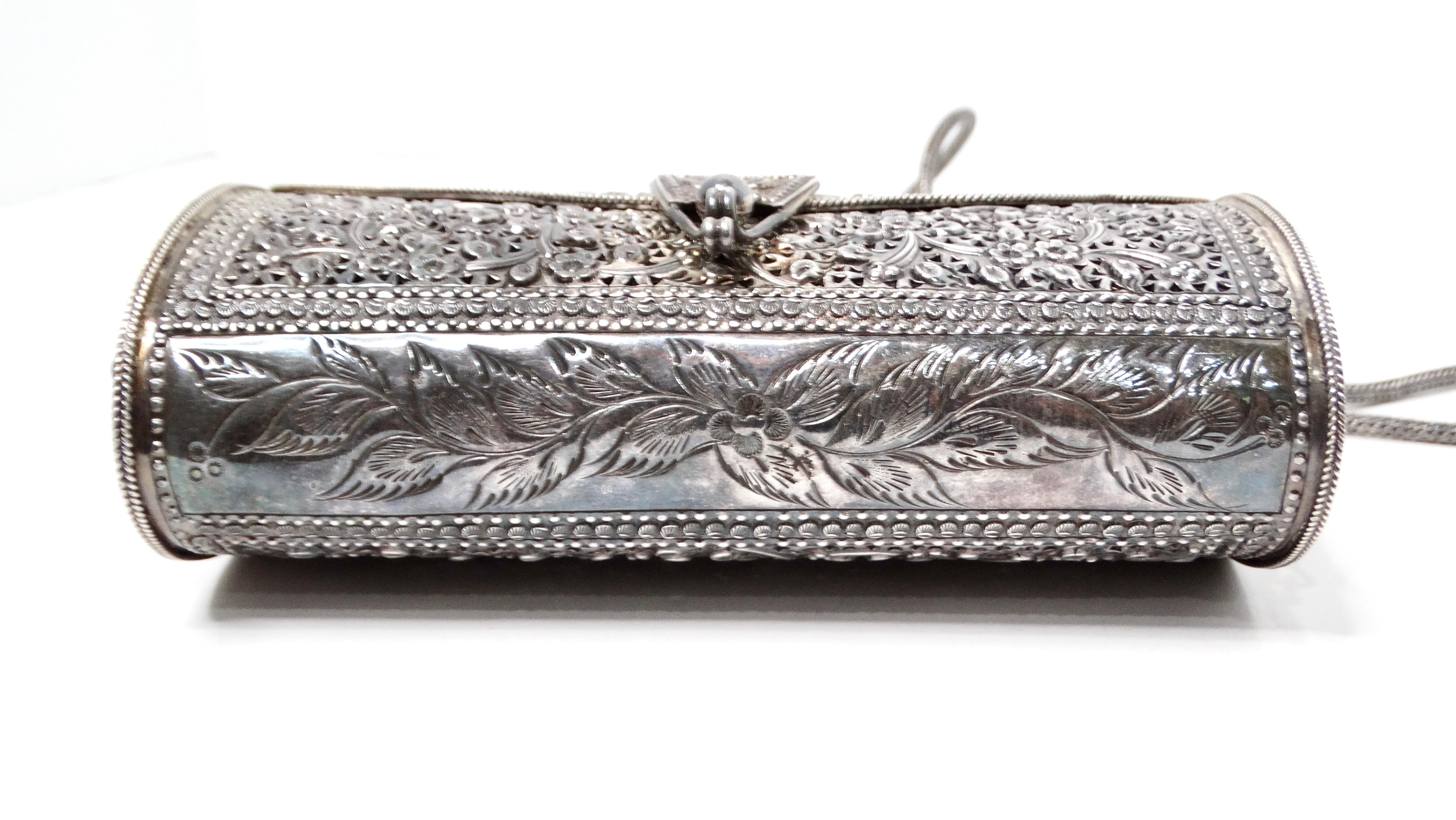 Bolsa de Embrague Crossbody Filigrana Floral Plata Pura circa vintage en venta 1