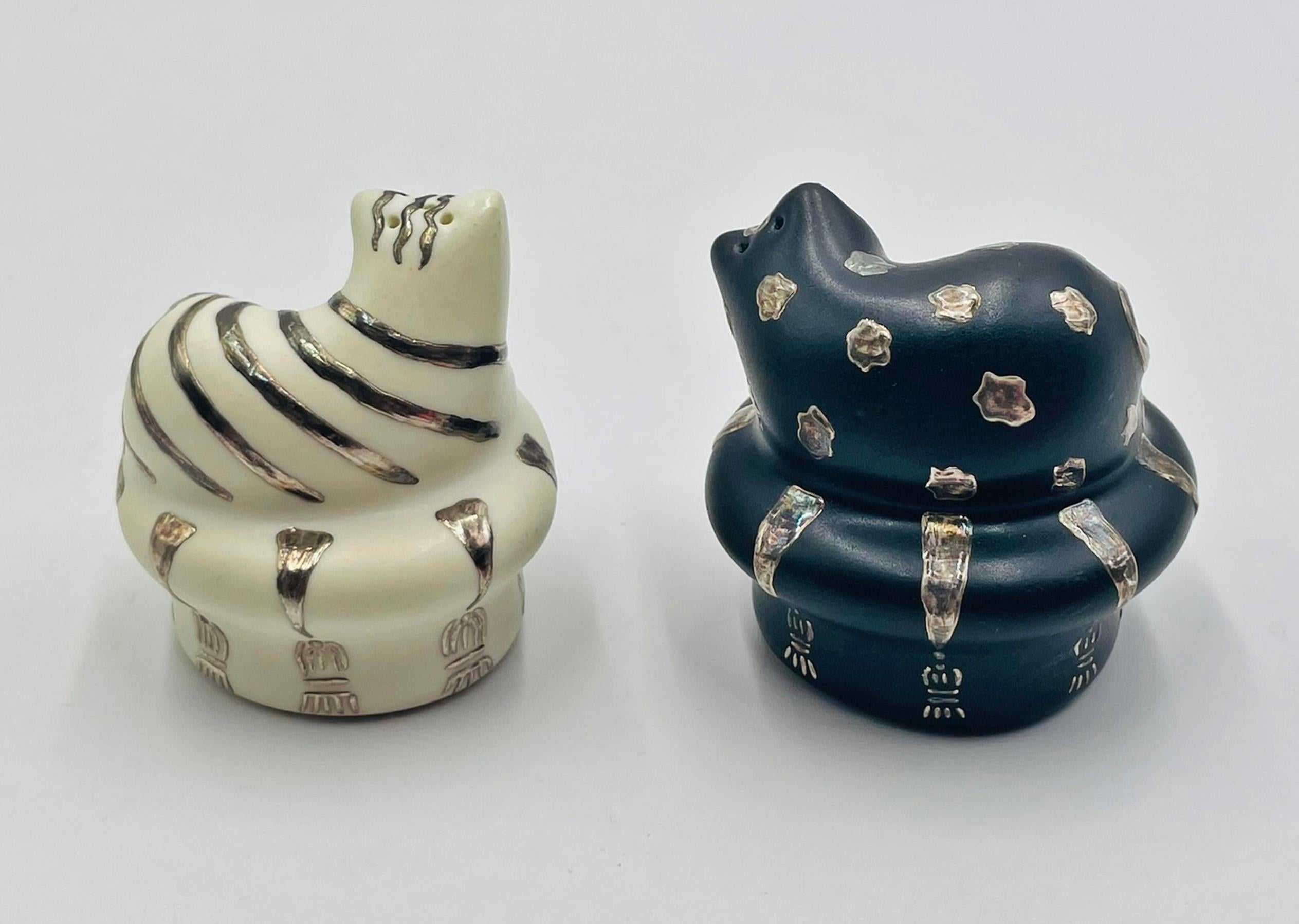 Salero y Pimentero Gato de Plata Pura y Porcelana de Emilia Castillo Mexicano en venta