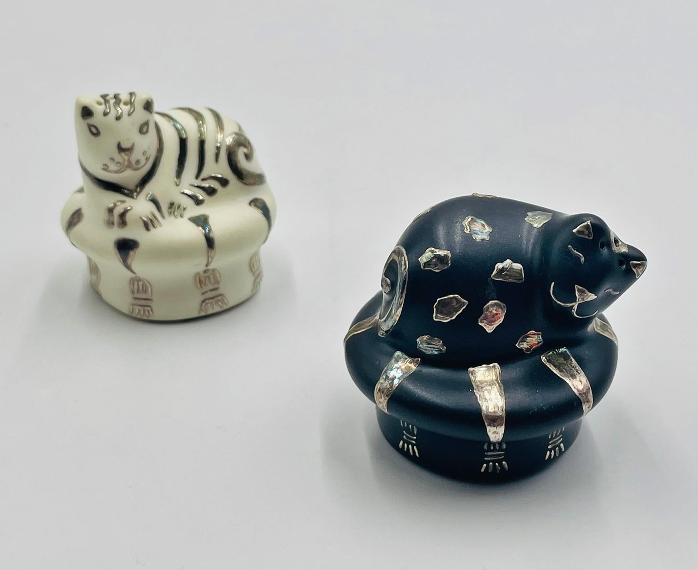 Salero y Pimentero Gato de Plata Pura y Porcelana de Emilia Castillo Silver en venta