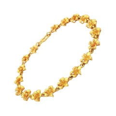 Pure Solid 24k Yellow Gold Plumeria Flower Link Bracelet w/ Sister Hook Clasp