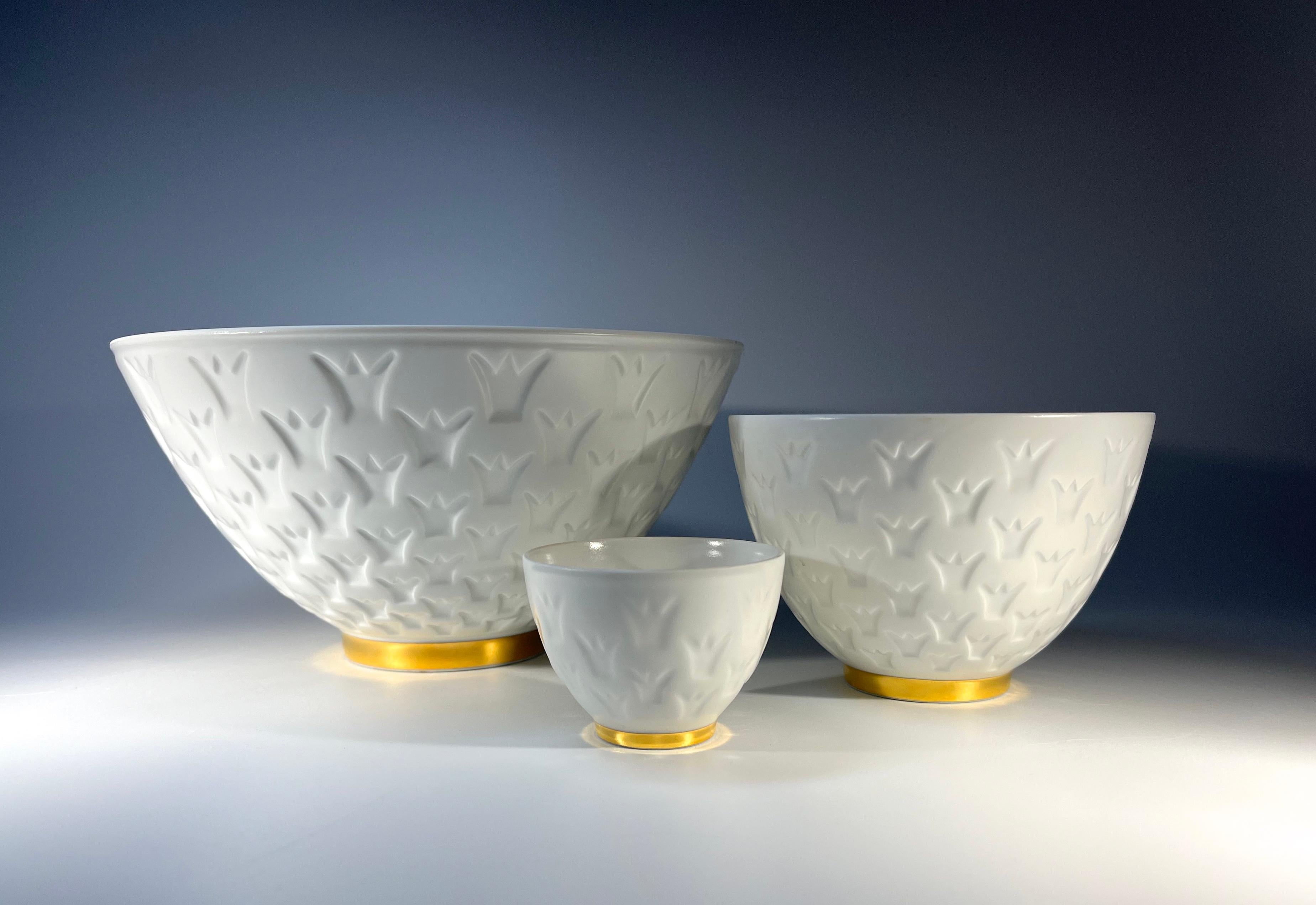 British Pure White And Gold, Crown Bowl Set By Gunnar Nylund For Rörstrand, Sweden For Sale