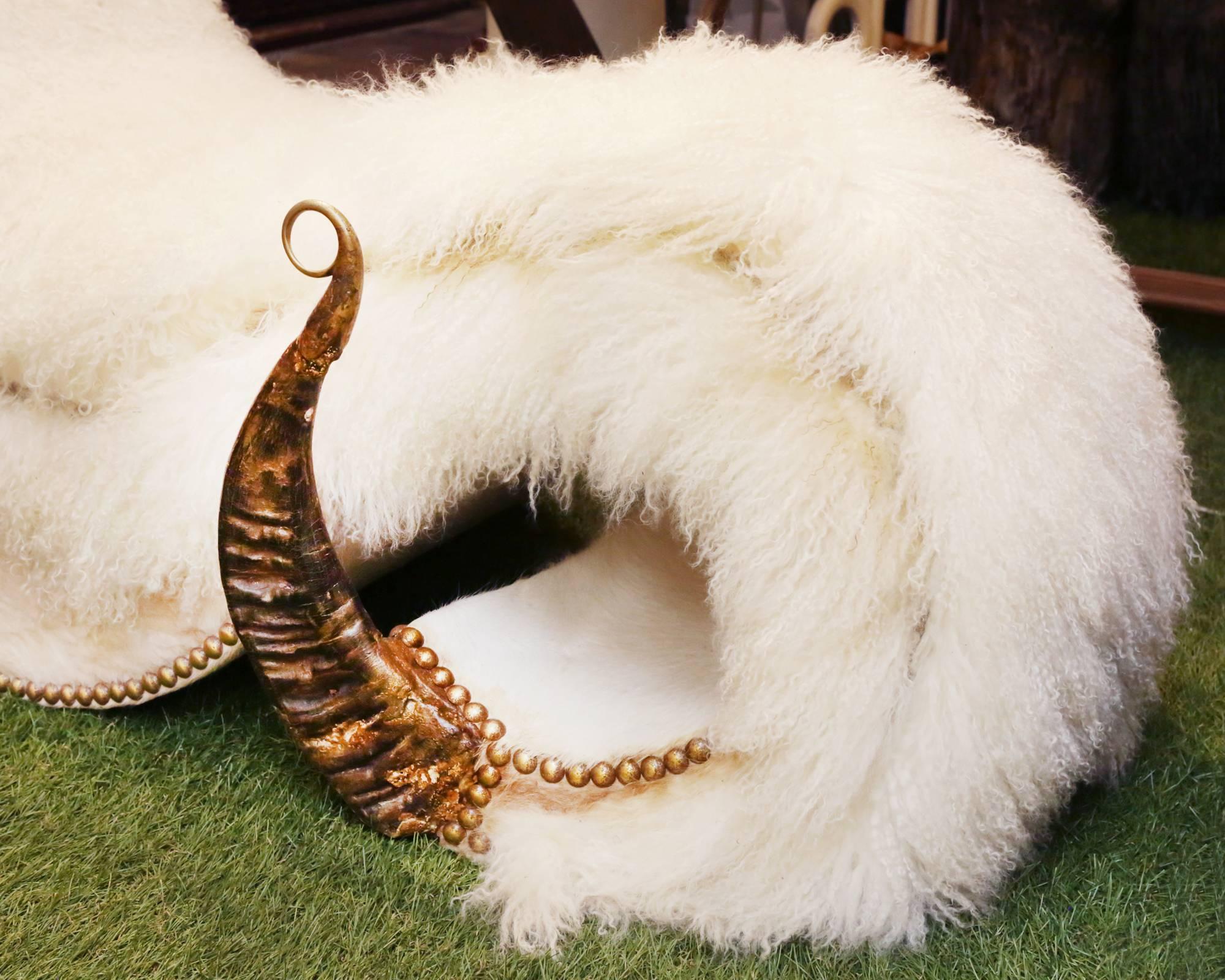 Contemporary Pure White Lamb Armchair with Buffalo Horns