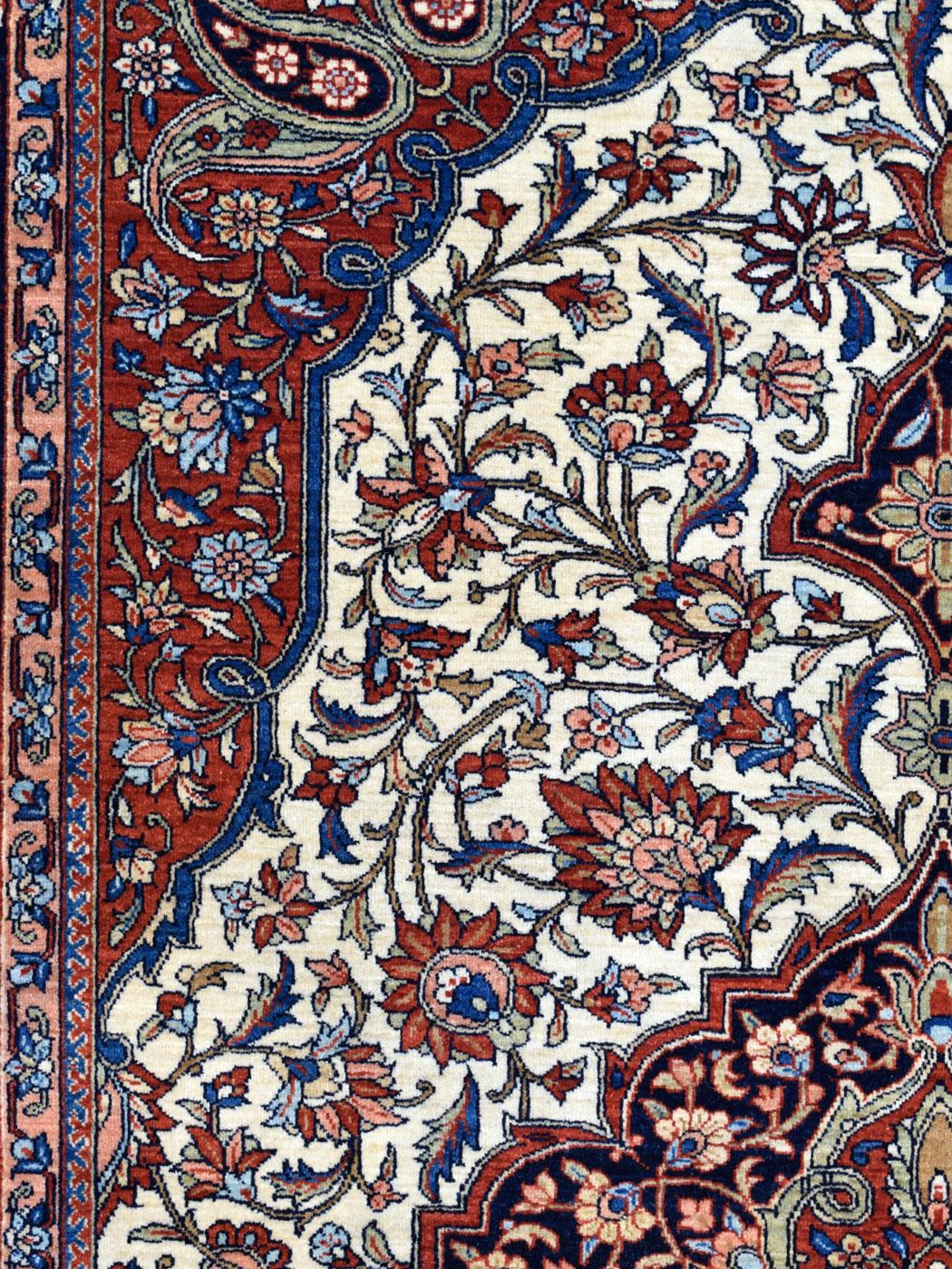 Pure Wool Blue, Red, and Cream Mohtashan Persian Rug, 5' x 7' For Sale 4