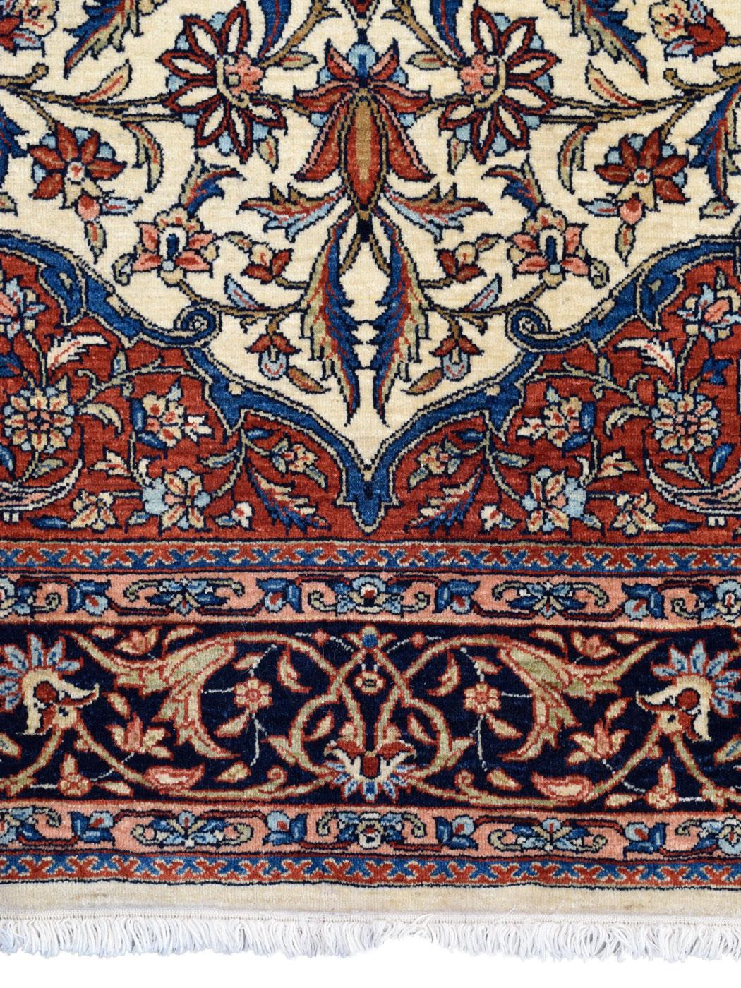 Kashan Pure Wool Blue, Red, and Cream Mohtashan Persian Rug, 5' x 7' For Sale