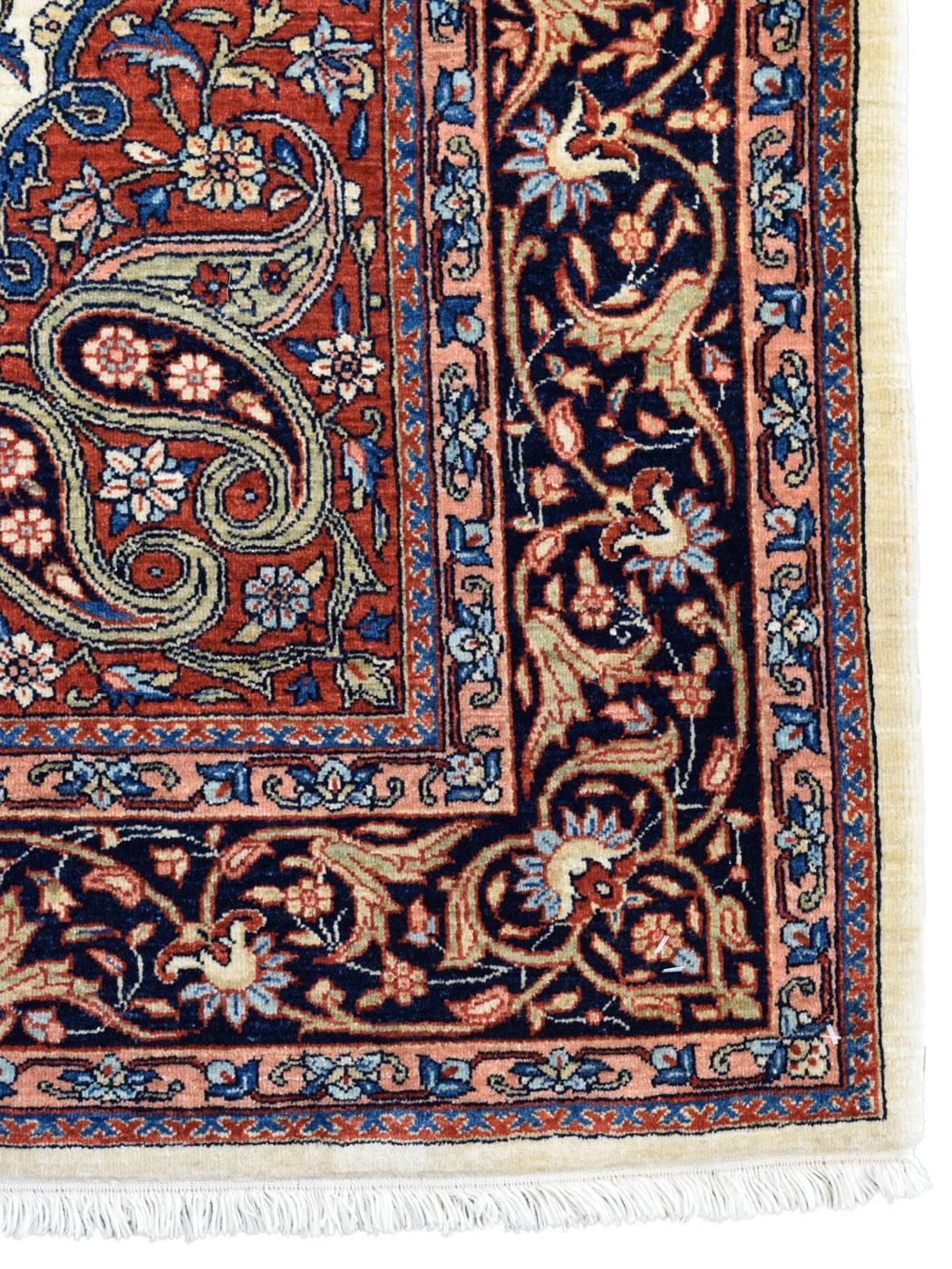 Hand-Knotted Pure Wool Blue, Red, and Cream Mohtashan Persian Rug, 5' x 7' For Sale