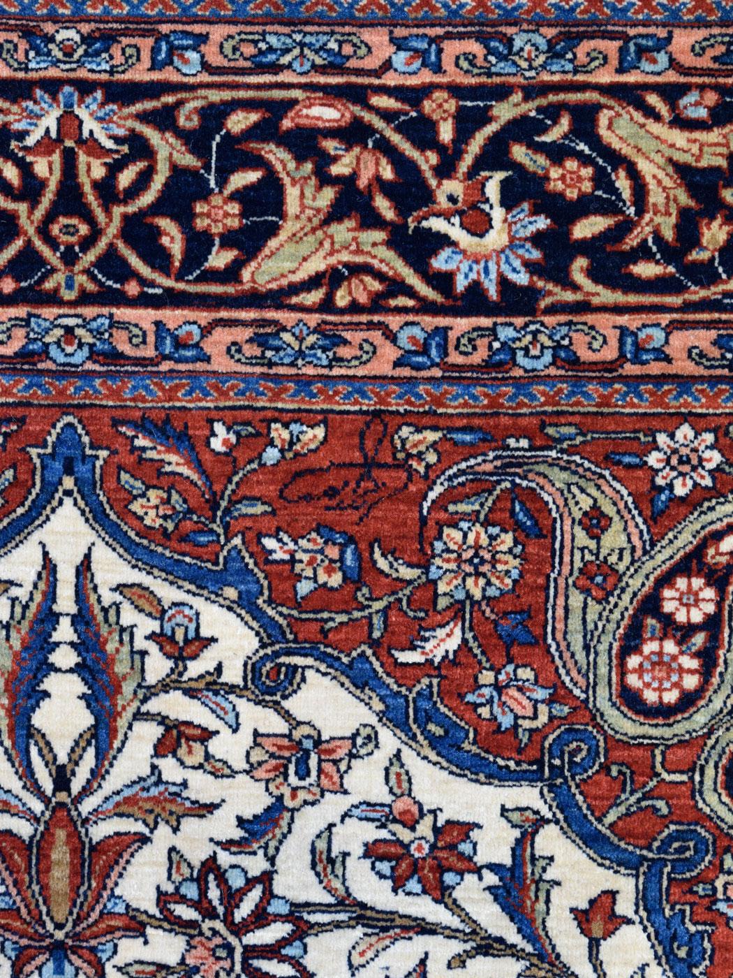 Pure Wool Blue, Red, and Cream Mohtashan Persian Rug, 5' x 7' For Sale 1