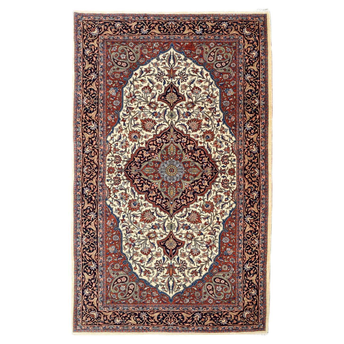 Pure Wool Blue, Red, and Cream Mohtashan Persian Rug, 5' x 7' For Sale