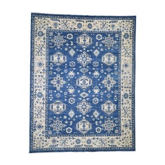 Pure Wool Hand Knotted Blue Peshawar with Karajeh Design Oriental Rug