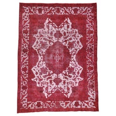 Pure Wool Handmade Red Overdyed Persian Tabriz Barjasta Vintage Rug