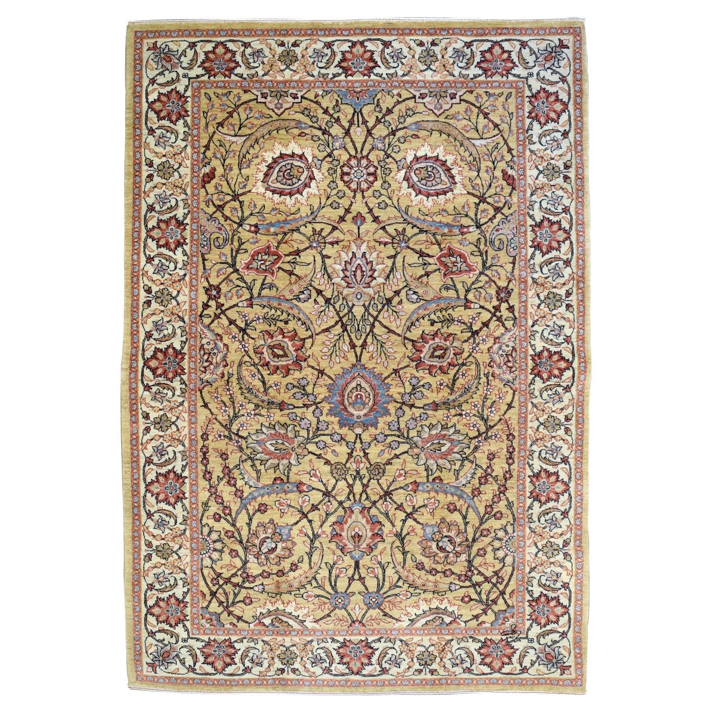 Pure Wool Mohtasham Persian Carpet, Cream, Red, and Blue, 5' x 7'