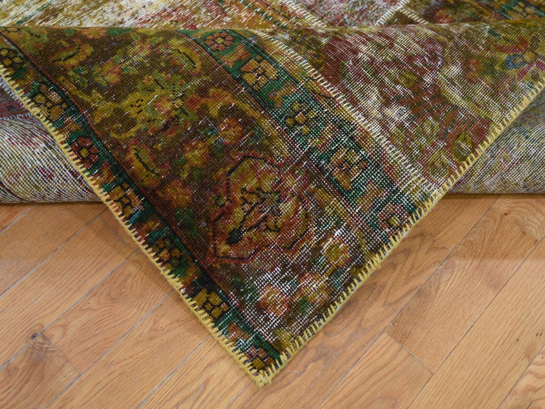 Contemporary Pure Wool Overdyed Patchwork Vintage Hand Knotted Oriental Rug