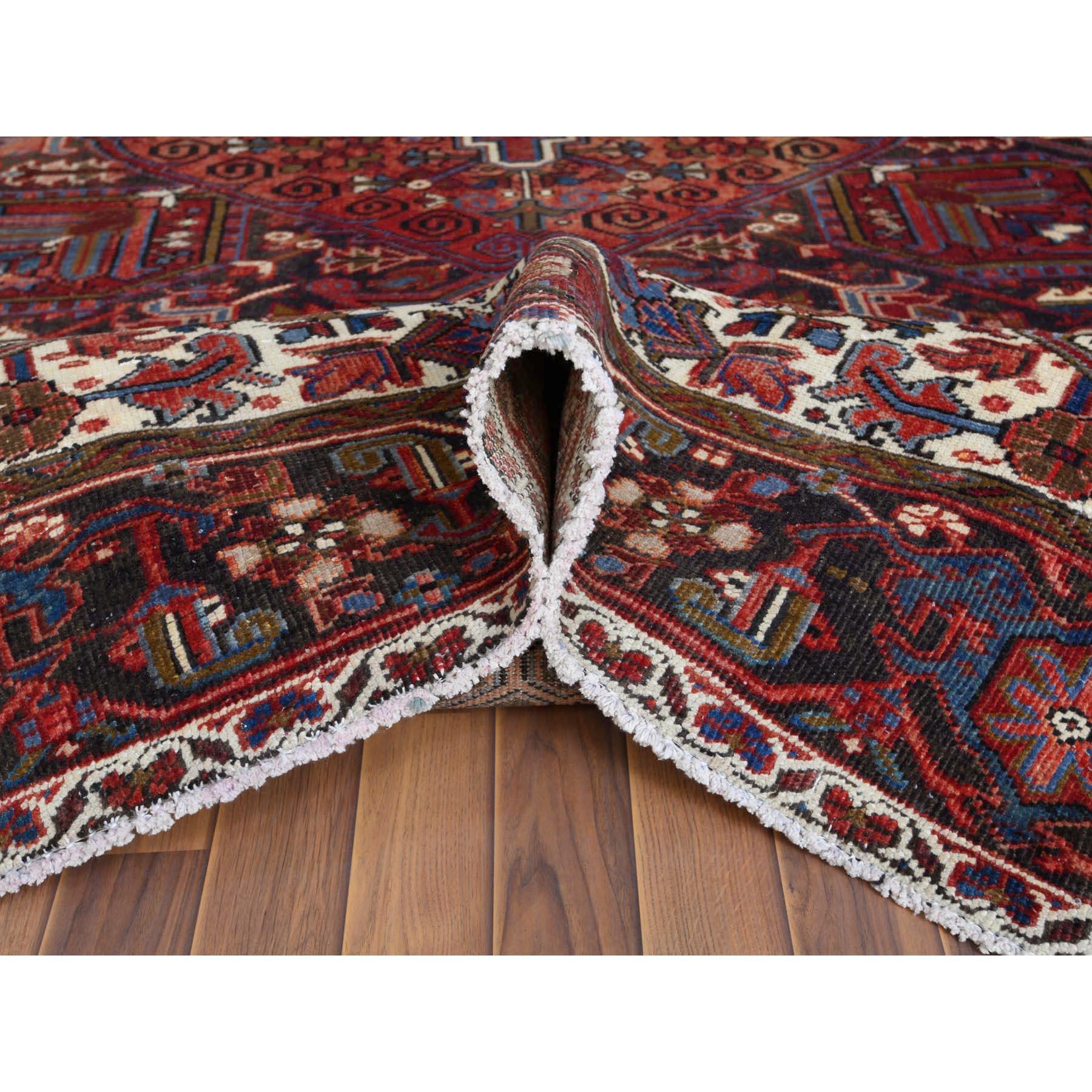 Hand-Knotted Pure Wool Red Persian Heriz Vintage Worn Down Hand Knotted Rug