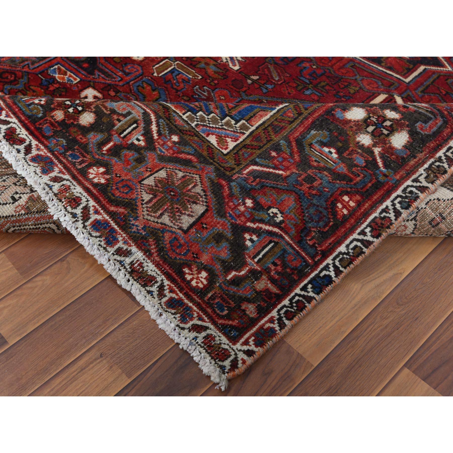 Pure Wool Red Persian Heriz Vintage Worn Down Hand Knotted Rug In Good Condition In Carlstadt, NJ