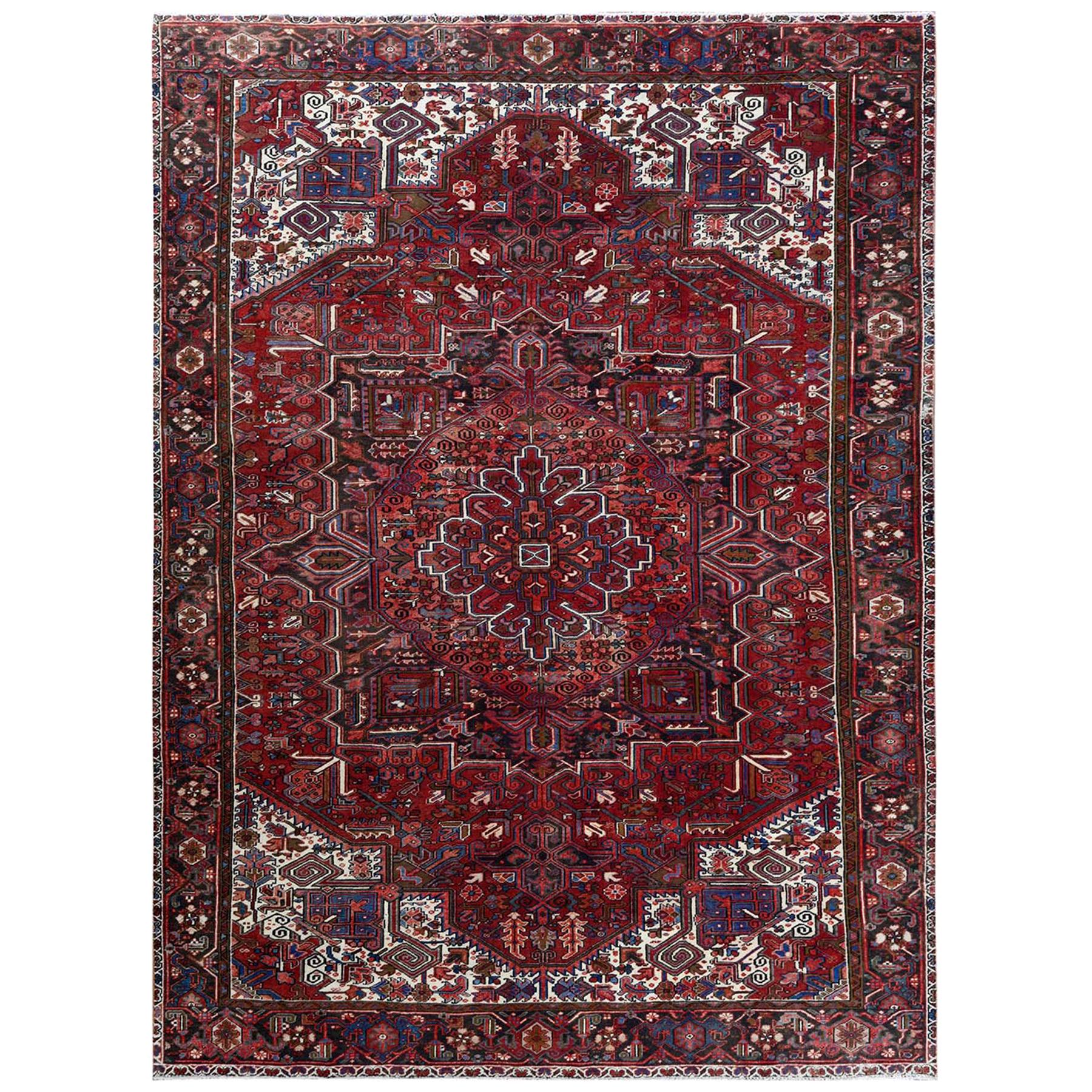 Pure Wool Red Persian Heriz Vintage Worn Down Hand Knotted Rug