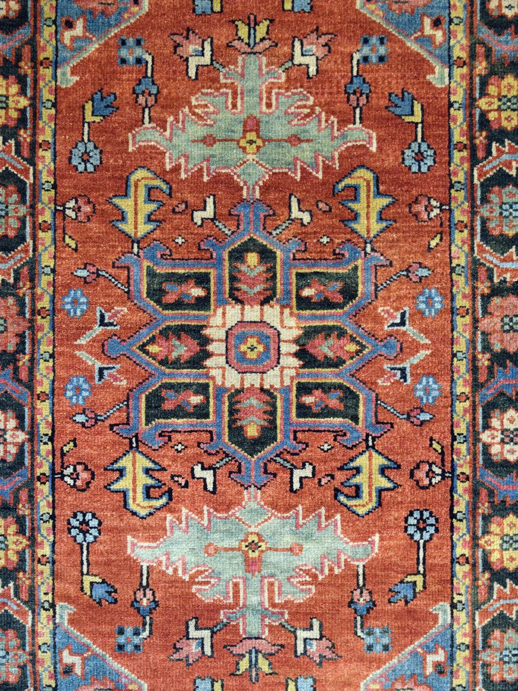 Indian Pure Hand-knotted Wool Runner, Blue and Red, 3' x 16' For Sale