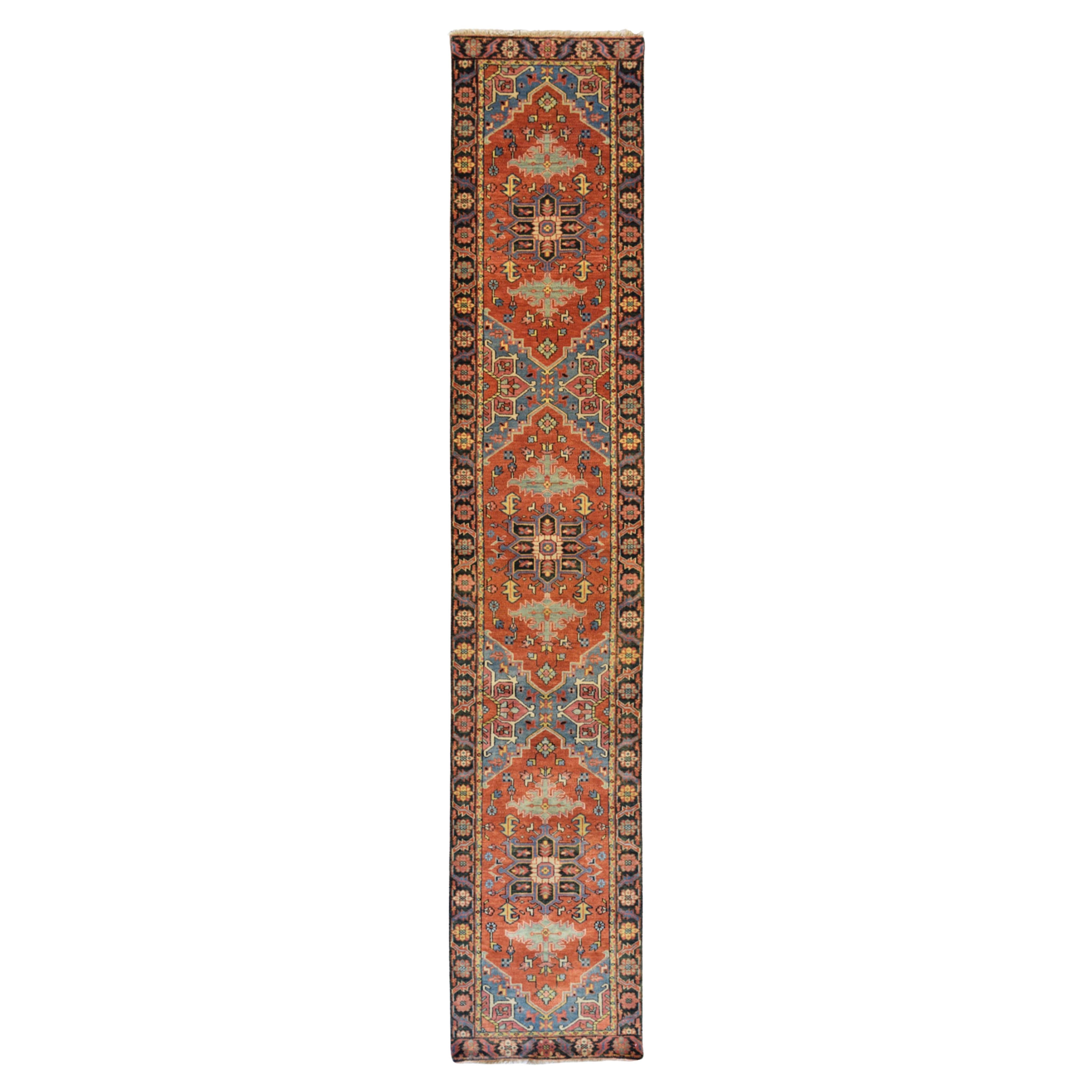 Pure Hand-knotted Wool Runner, Blue and Red, 3' x 16' For Sale