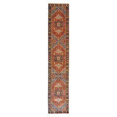 Pure Hand-knotted Wool Runner, Blue and Red, 3' x 16'