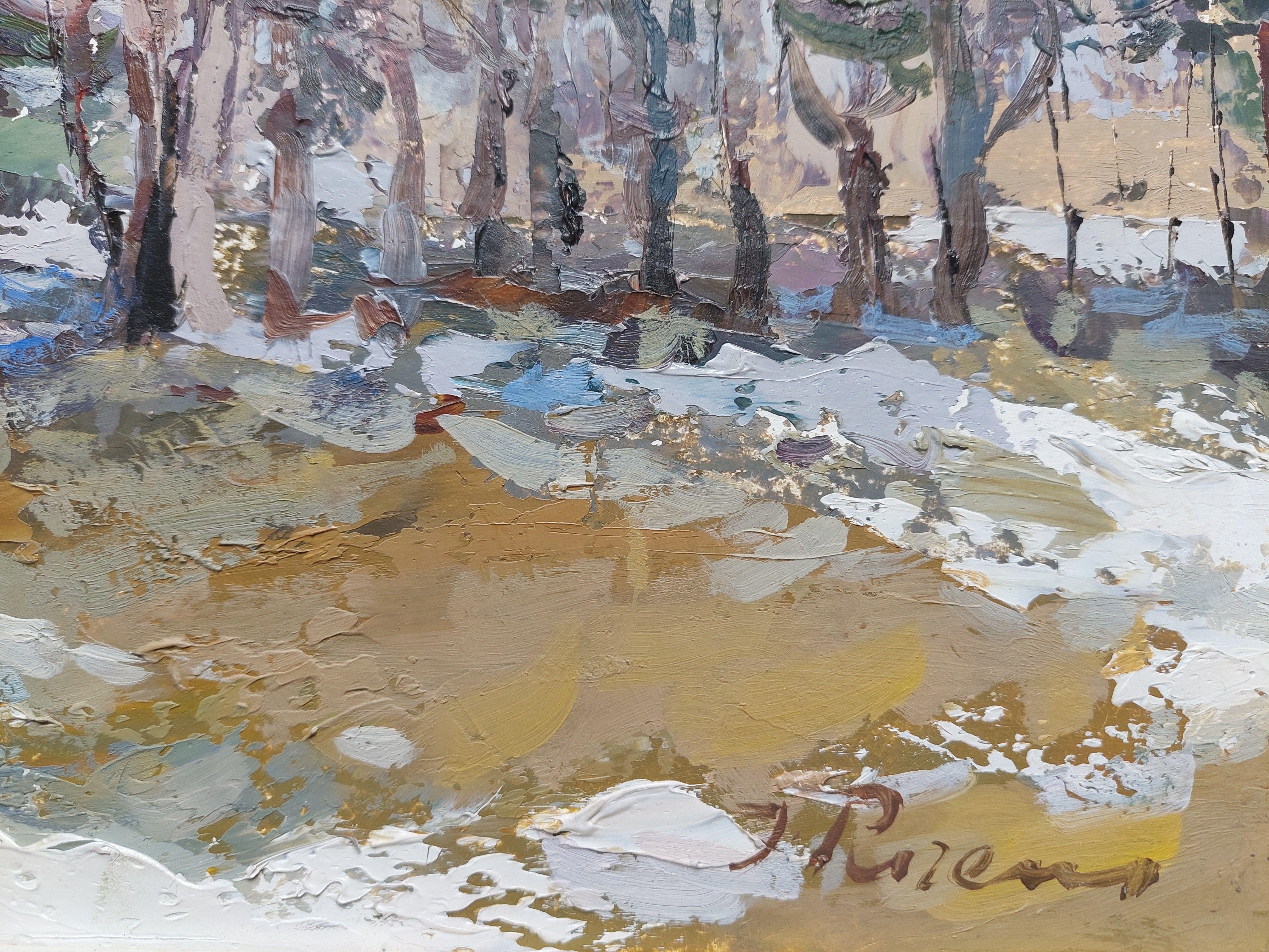 Der erste Schnee. 1989, Öl auf Karton, 32,5x40,5 cm – Painting von Purens Indulis