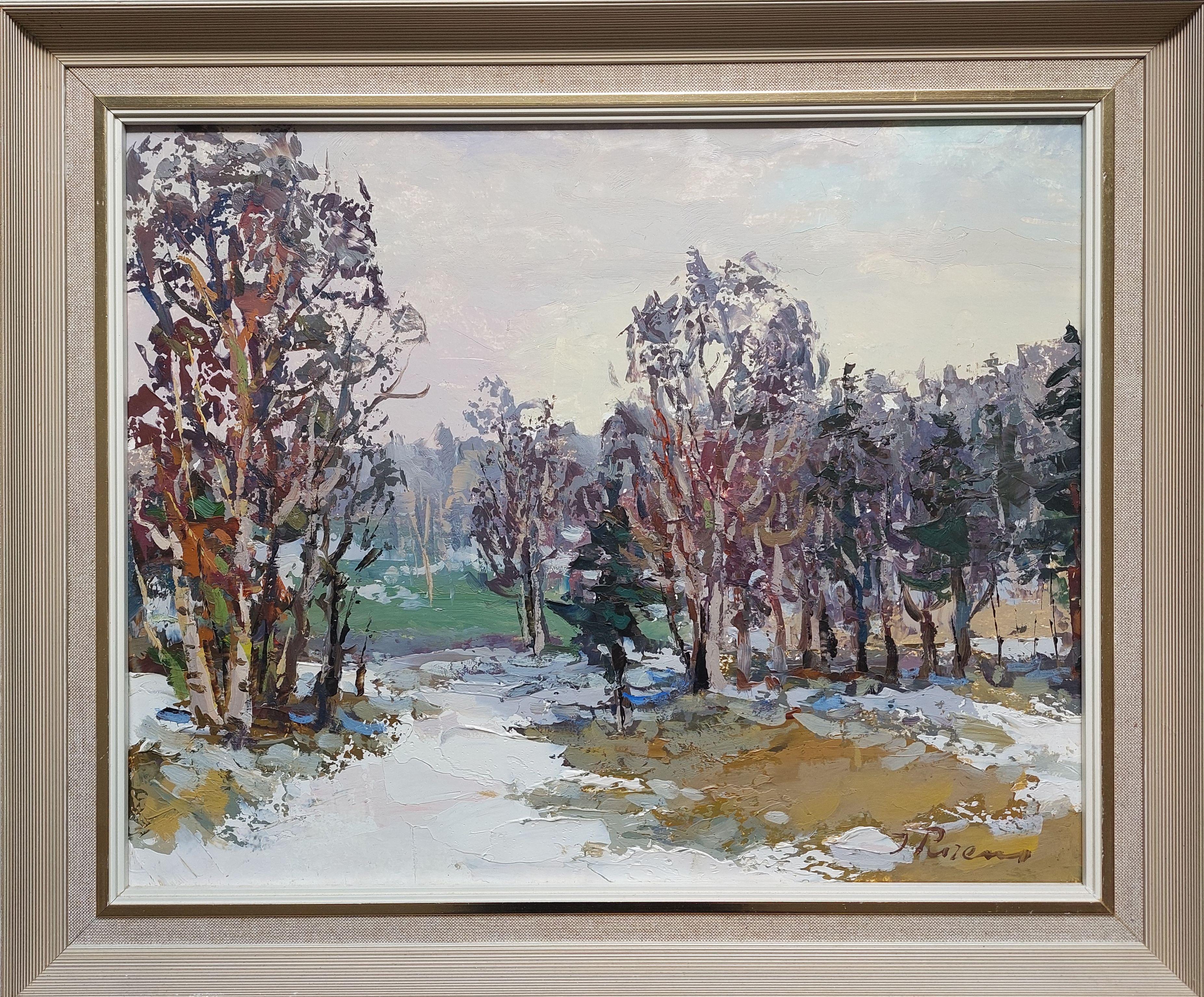 La première neige. 1989, huile sur carton, 32,5 x 40,5 cm - Réalisme Painting par Purens Indulis