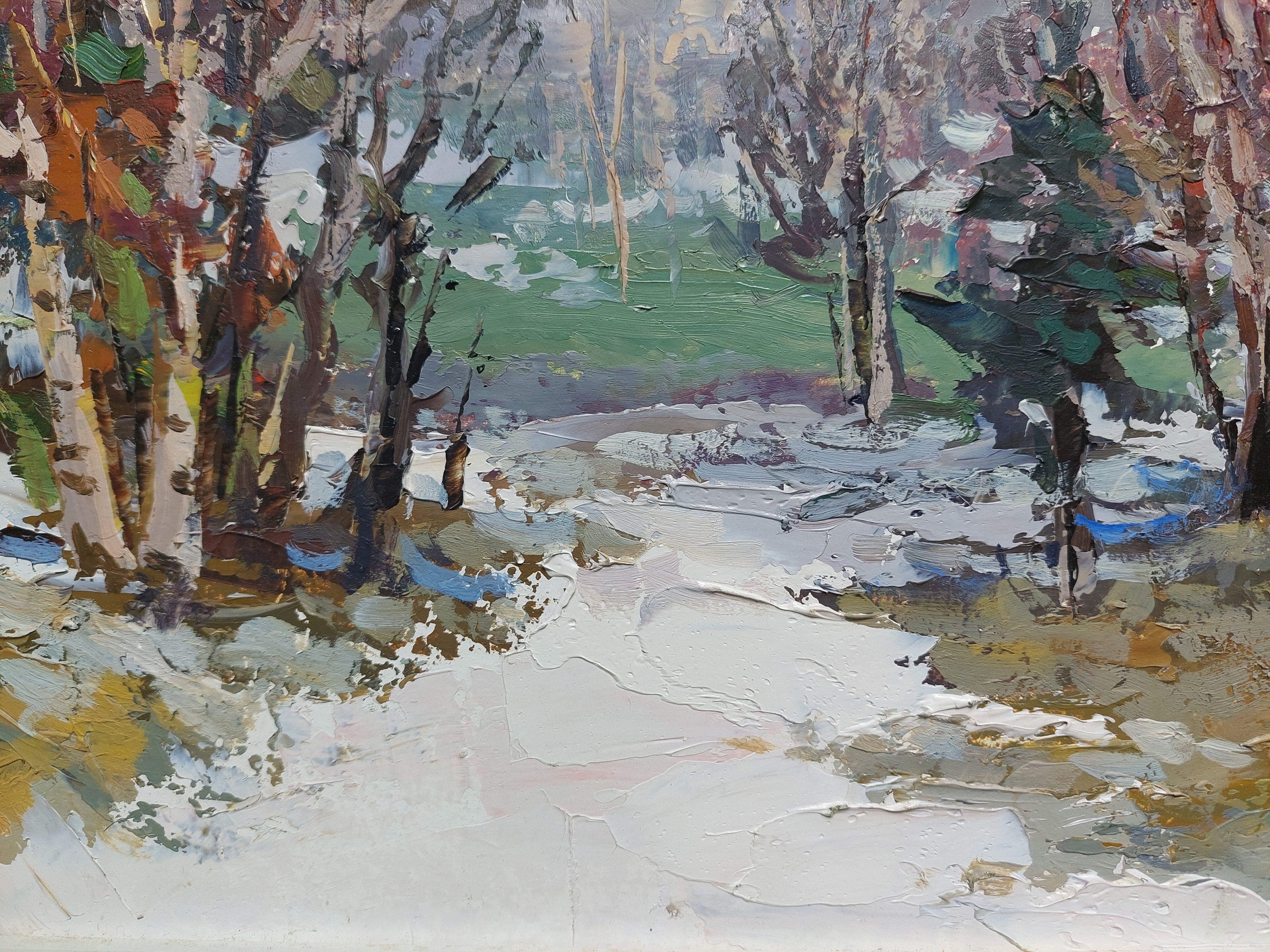 La première neige. 1989, huile sur carton, 32,5 x 40,5 cm - Gris Landscape Painting par Purens Indulis