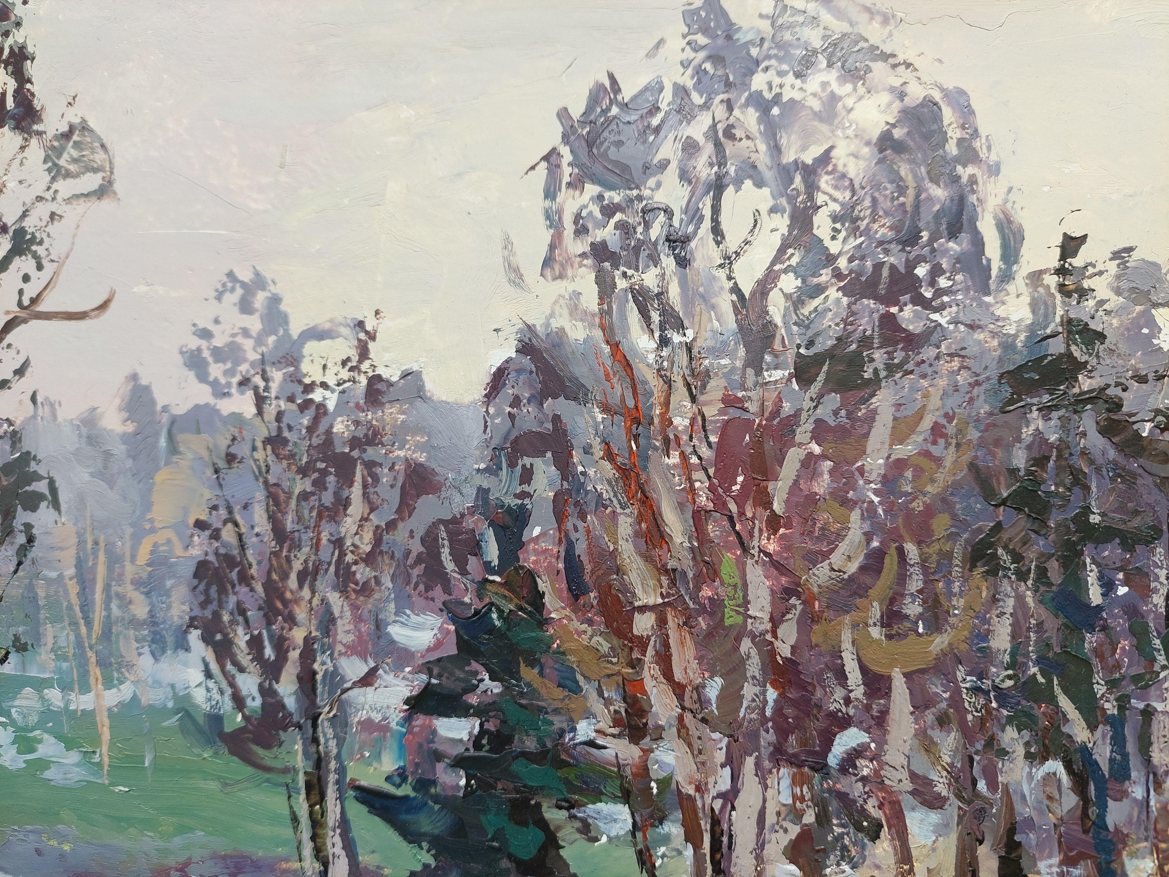 The first snow. 1989, oil on cardboard, 32, 5x40, 5 cm - Gray Landscape Painting by Purens Indulis