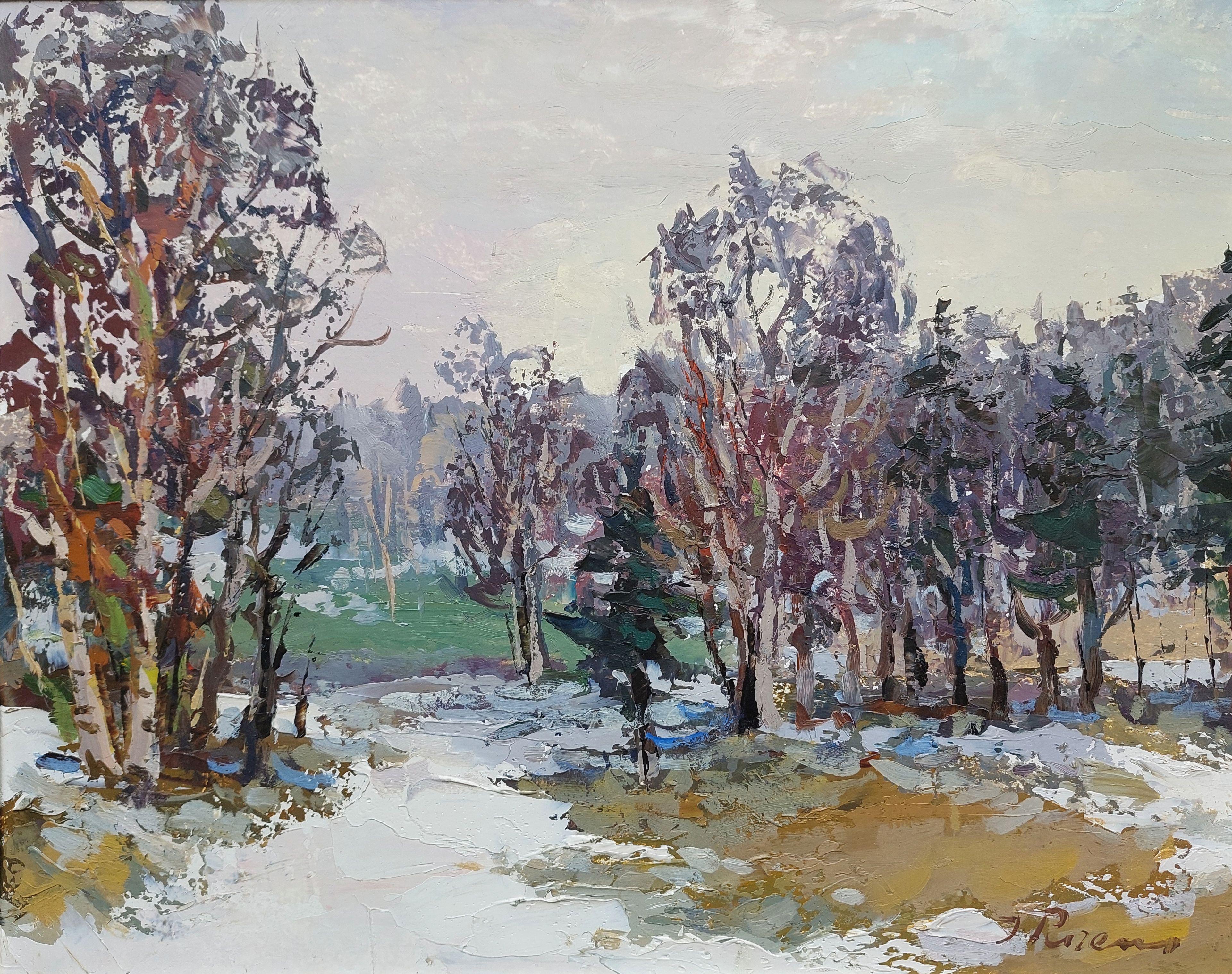 Purens Indulis Landscape Painting - The first snow. 1989, oil on cardboard, 32, 5x40, 5 cm